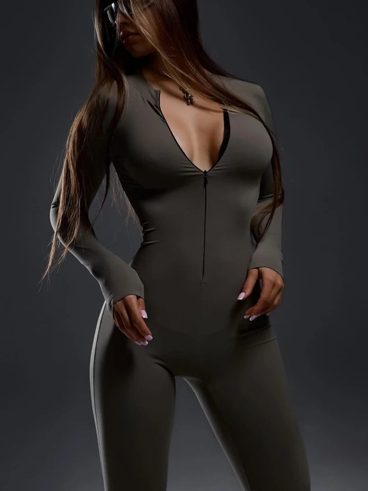 Women's Autumn Winter Long Sleeve Zipper Skinny Jumpsuit - Stretchy Elastic Tight Flare Playsuit for Casual Wear, Sports & Fashion Outfits | Perfect for Gym, Running, Yoga, and Everyday Street Style