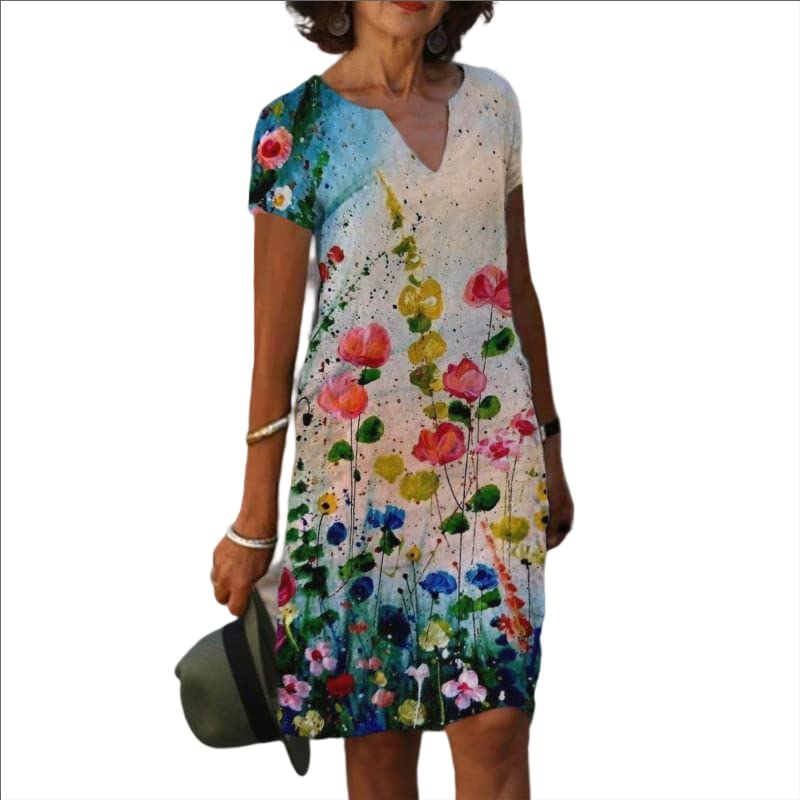 Women's Floral Print Linen Sun Dress - V Neck Short Sleeve Casual Summer Midi Maxi Dress | Perfect for Beach Vacations, Garden Parties & Everyday Wear