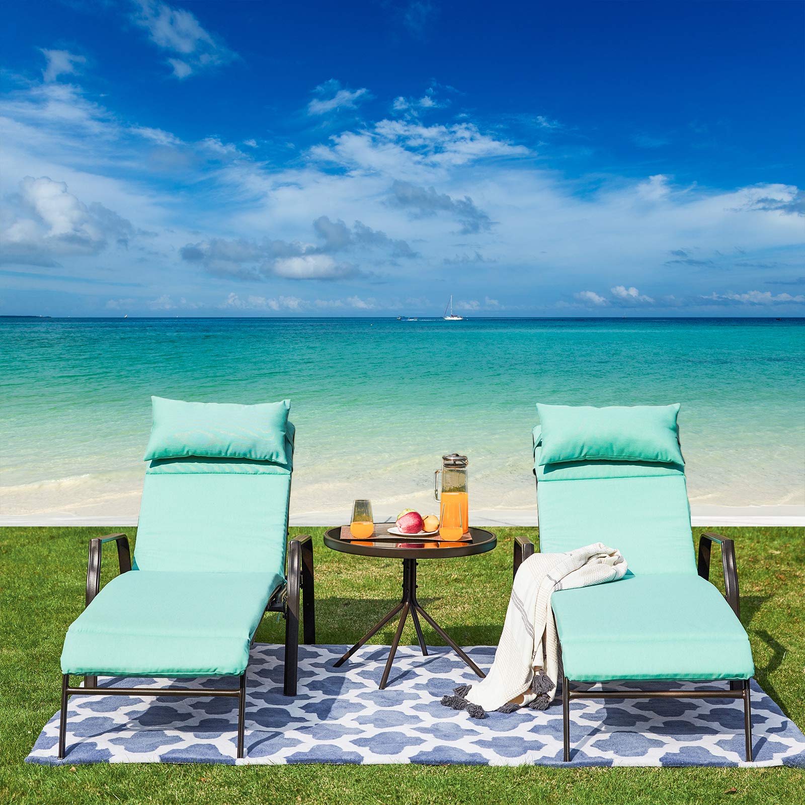 Festival Depot 3-Piece Outdoor Patio Furniture Set - 2 Adjustable Chaise Lounge Chairs & 1 Bistro Table with Removable Cushions, Light Blue - Perfect for Garden, Poolside, Backyard, and Patio Relaxation