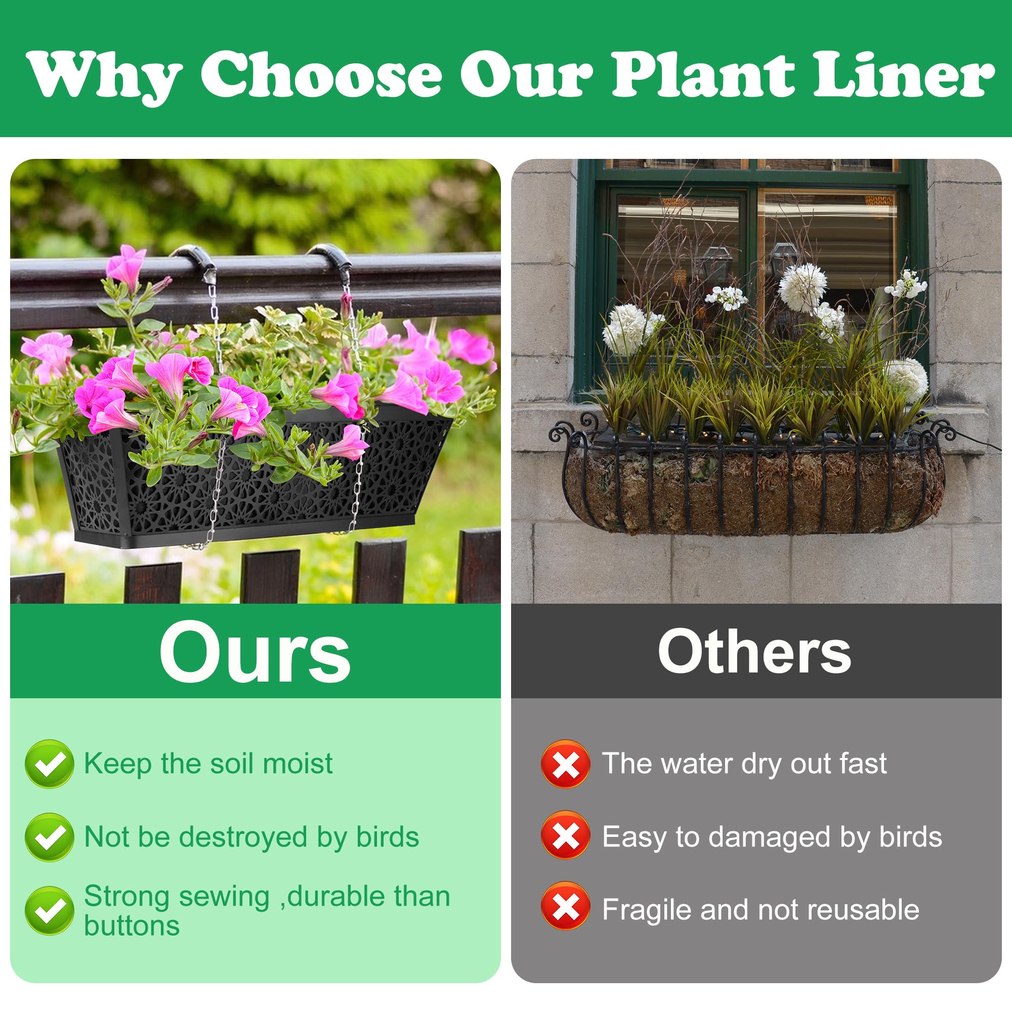 2 Pack 24 Inch Black Non-Woven Fabric Plant Window Box Liners - Rectangular Planter Basket Liner for Outdoor Garden, Hanging Wall Planters, Flowers & Vegetables - Perfect for Balcony Decor, Window Sill Gardening & Vertical Garden Systems