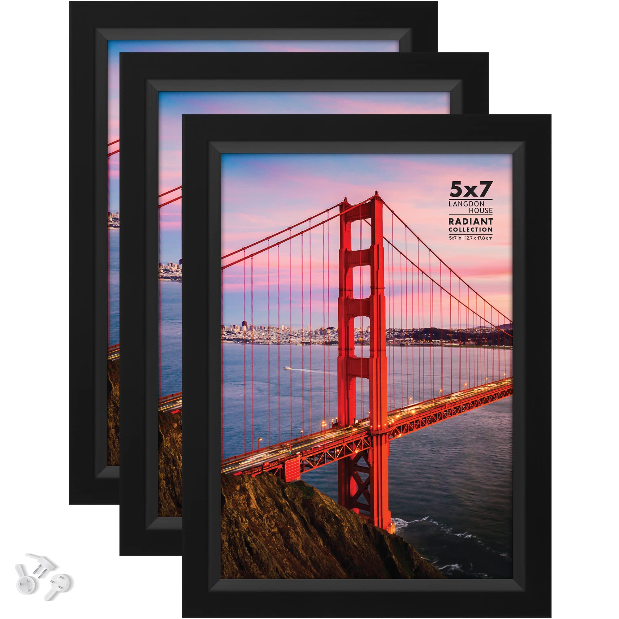 Langdon House 5x7 Picture Frames Set of 3 - Black Modern Photo Frames with Beveled Edge, Tabletop Easel & Wall Hanging Hooks - Perfect for Displaying Family Photos, Wedding Pictures, and Home Decor