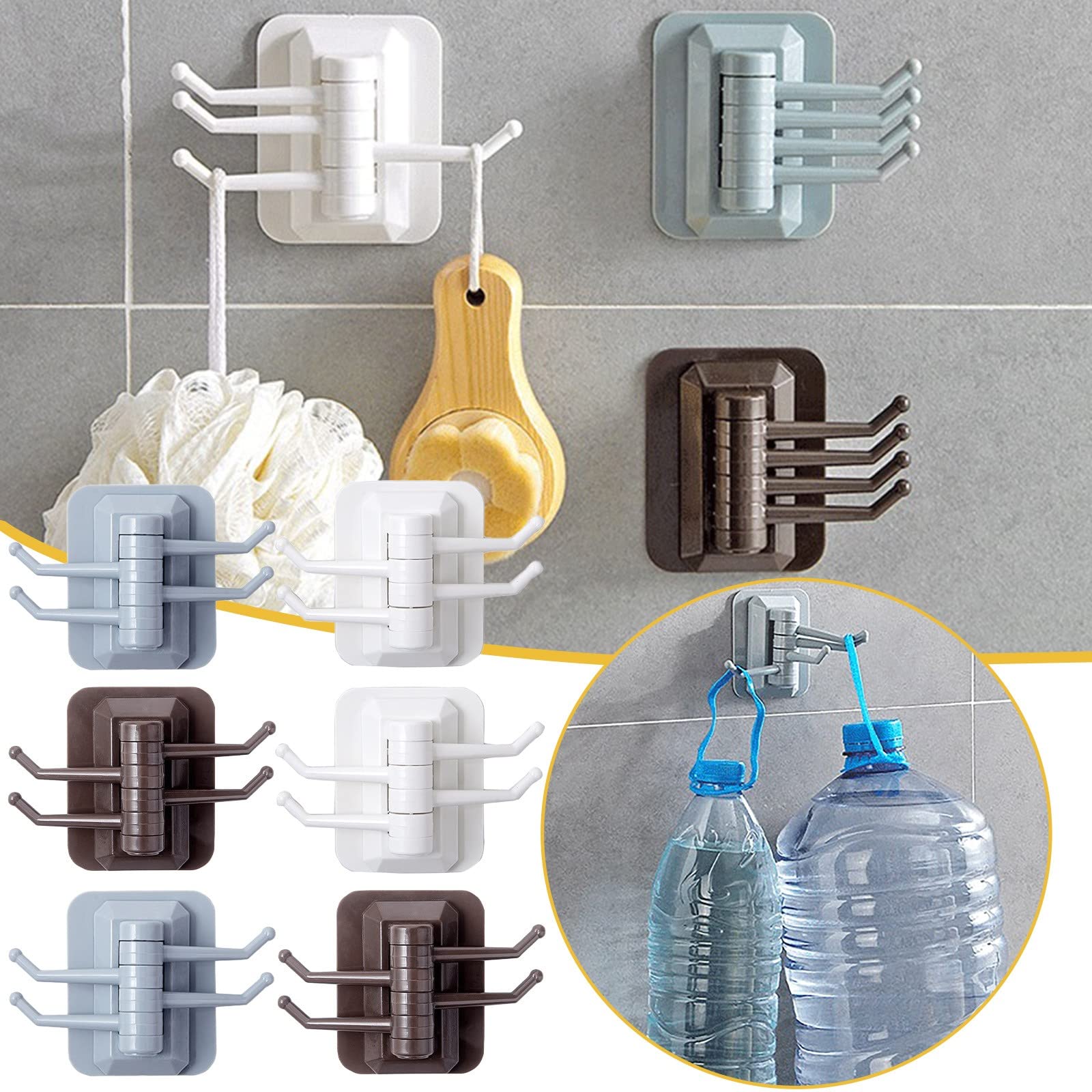Seaintheson 4-Pack Rotating Wall Hooks - No Drill Strong Adhesive Hooks for Hanging Coats, Keys, Towels & Home Organization (Kitchen, Bathroom, Entryway)