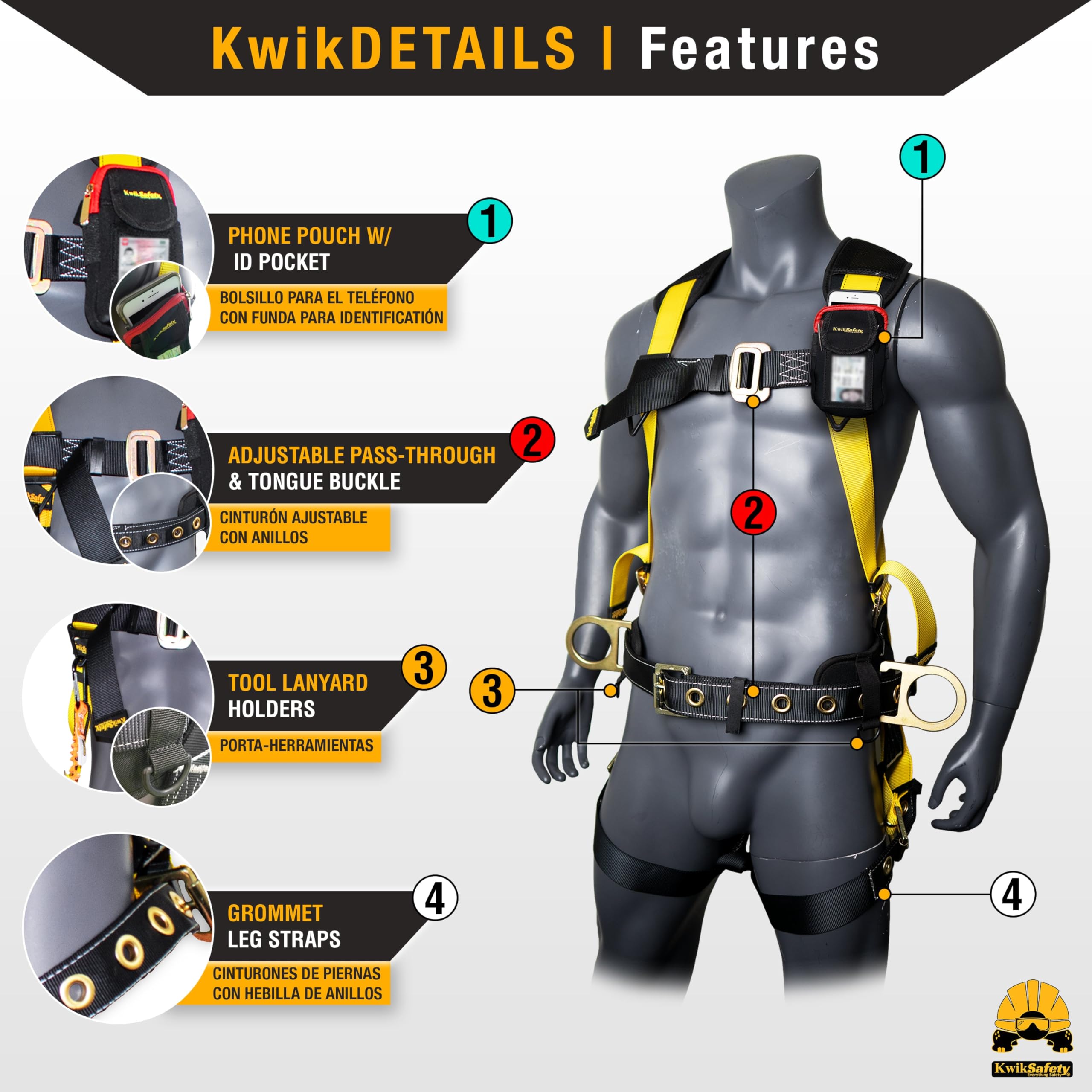 KwikSafety TYPHOON Ironworker Safety Harness with 3 D-Rings & Tool Lanyard Loop - ANSI & OSHA Certified for Construction Work - Fall Protection Gear for Roofing, Scaffolding & High-Rise Projects