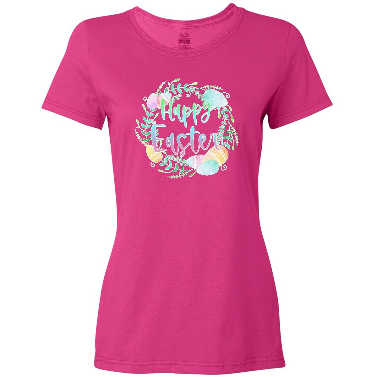 Inktastic Happy Easter Pastel Egg Wreath with Laurels Women's T-Shirt - Cute Spring Tee for Easter Celebrations, Church Events & Family Gatherings