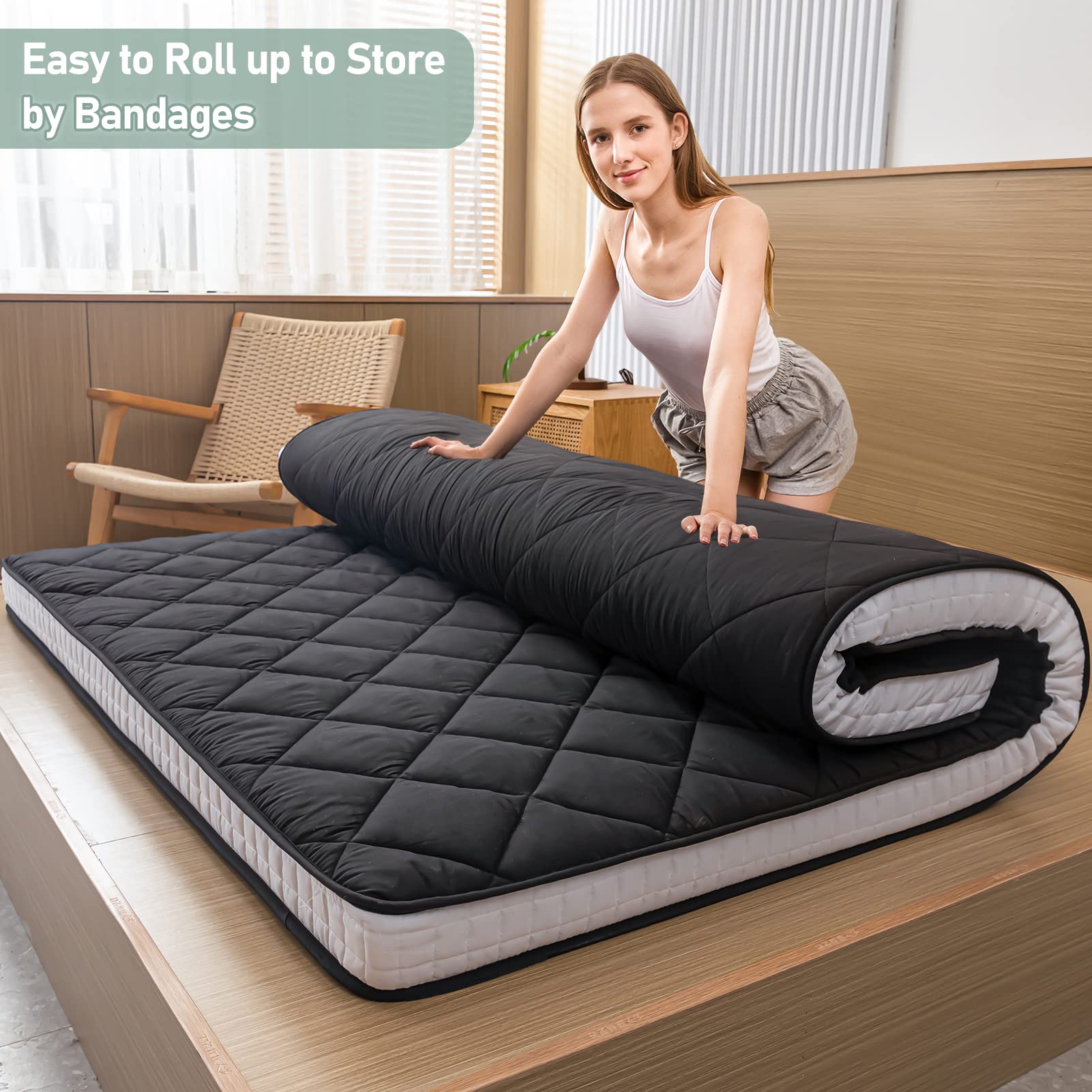 MAXYOYO Japanese Floor Futon Mattress - Queen Size Foldable Floor Bed for Adults, Diamond Pattern Roll-Up Mattress - Perfect for Guest Rooms, Small Spaces & Minimalist Living (Black)