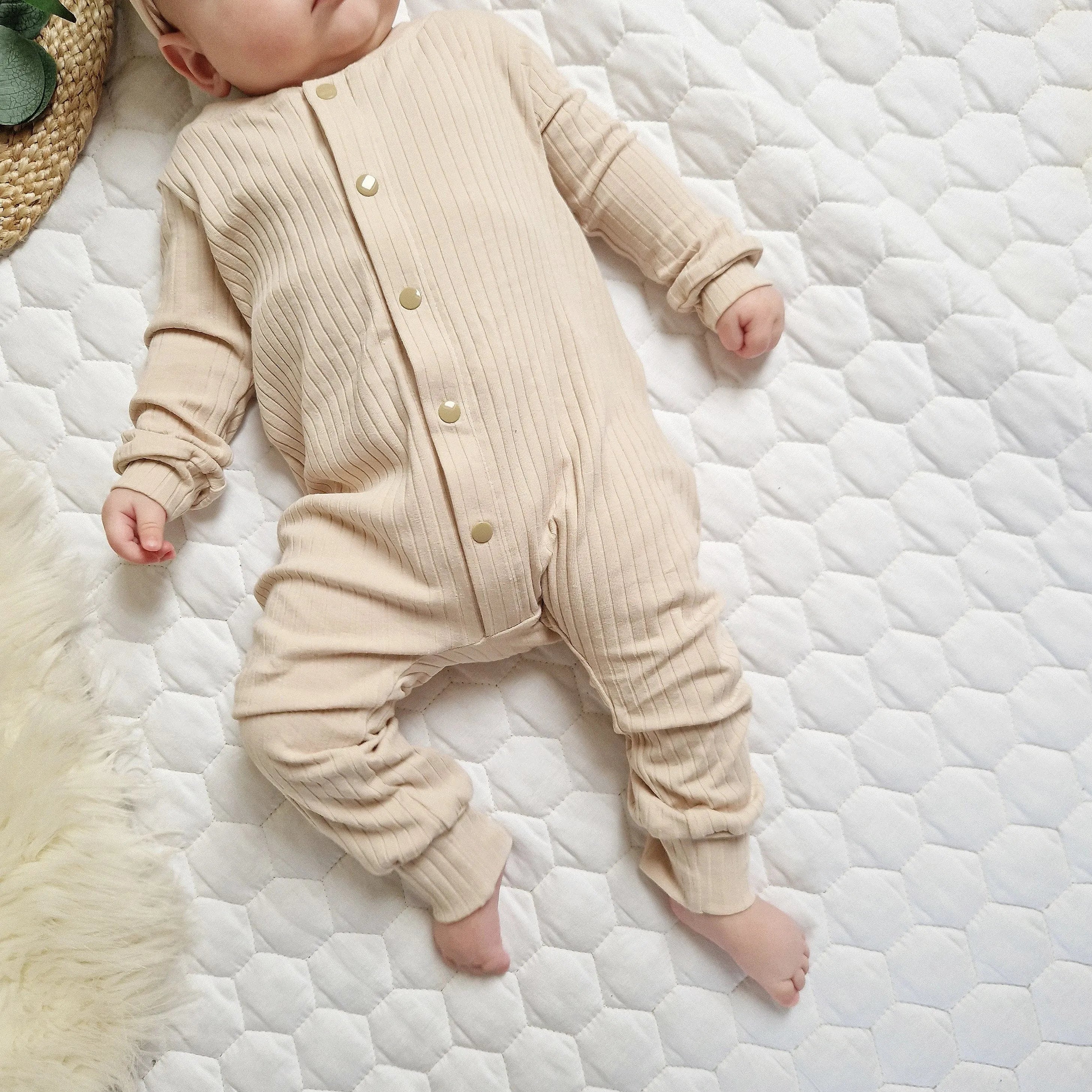 Soft Beige Ribbed Baby Romper for Toddlers - Comfortable & Stylish Outfit for Playtime, Daycare & Family Photos
