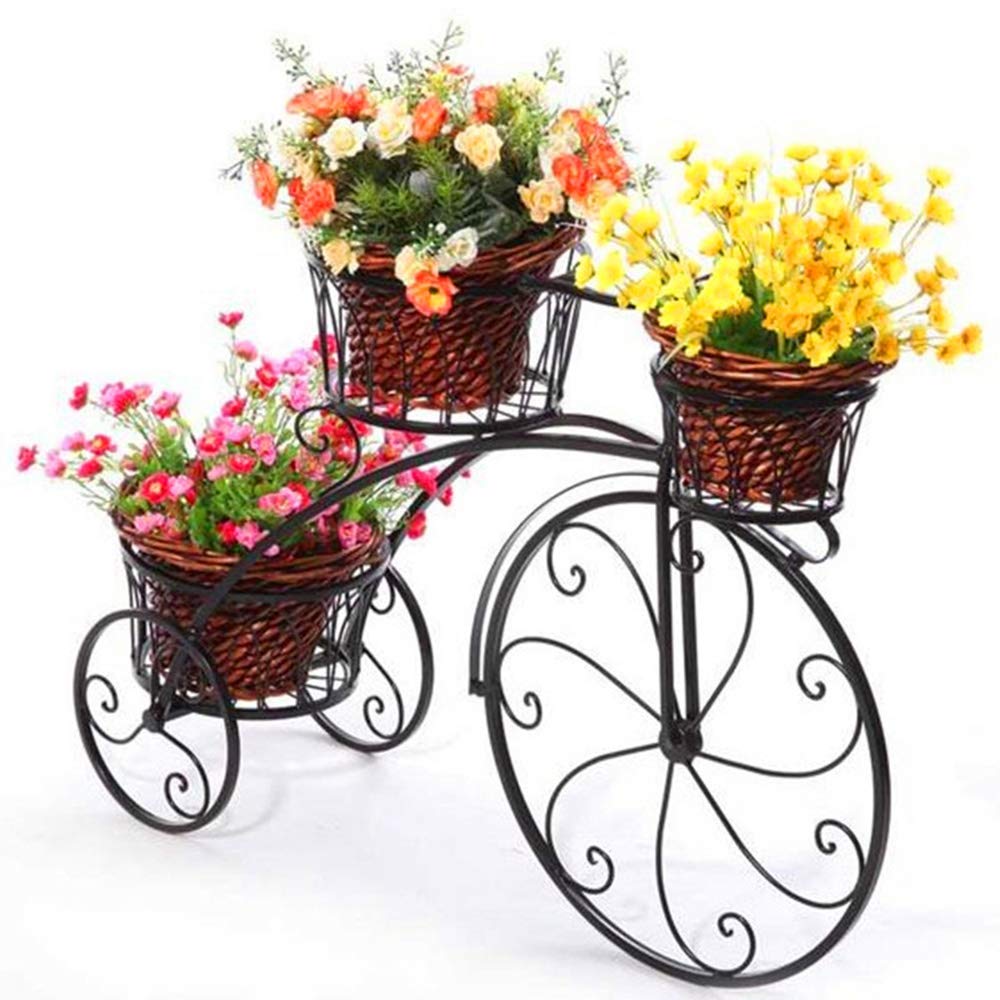 Wrought Iron Bicycle Flower Stand - 3 Tier Metal Planter Holder with Tray for Indoor Outdoor Plants - Rustic Garden Decor for Patio, Balcony, and Home - Easy Assembly Hanging Flower Pot Rack
