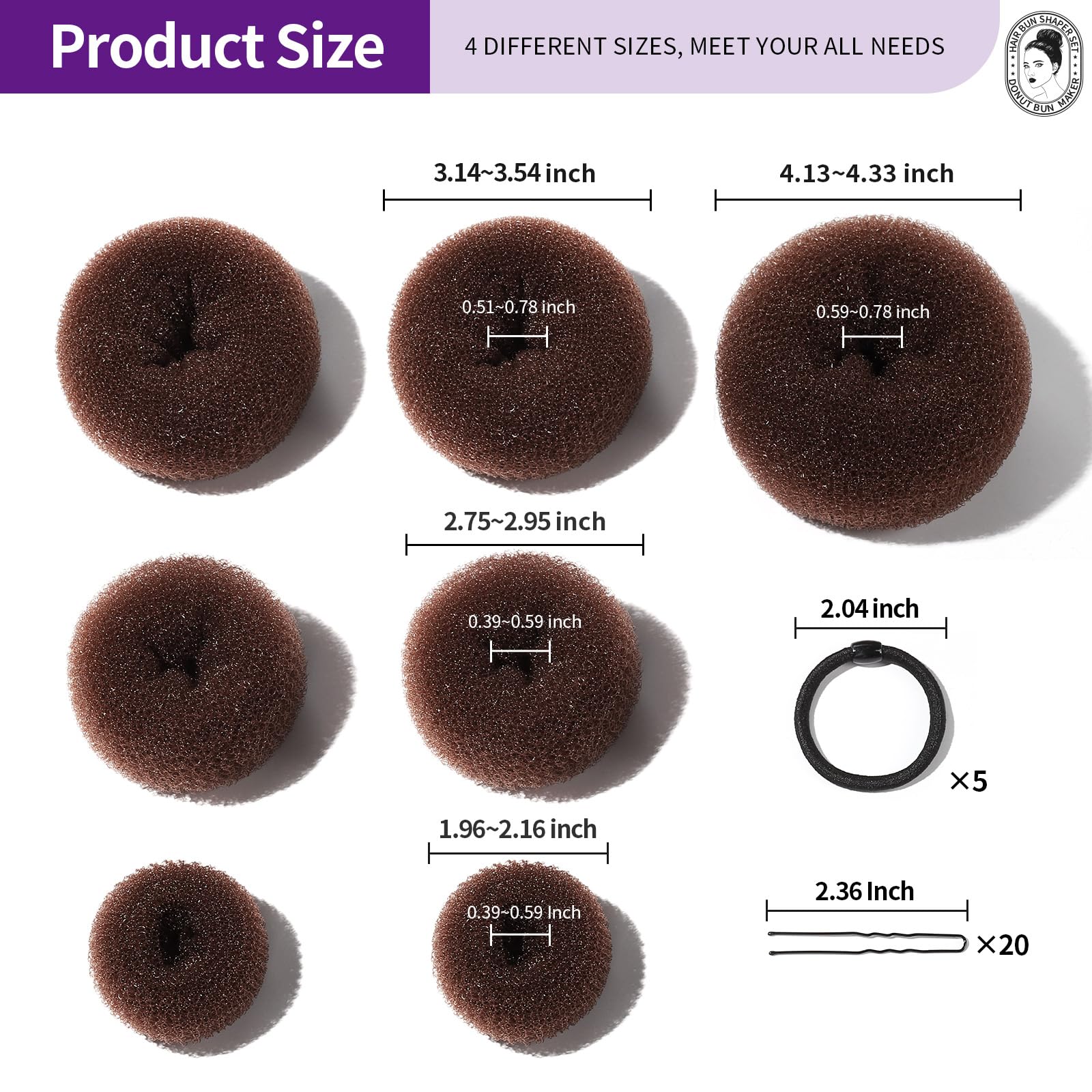 Teenitor Donut Hair Bun Maker Set - 7 Sizes (XL, Large, Medium, Small) with 5 Elastic Bands & 20 Hair Pins - Dark Brown | Perfect for Updos, Ponytails & Wedding Hairstyles