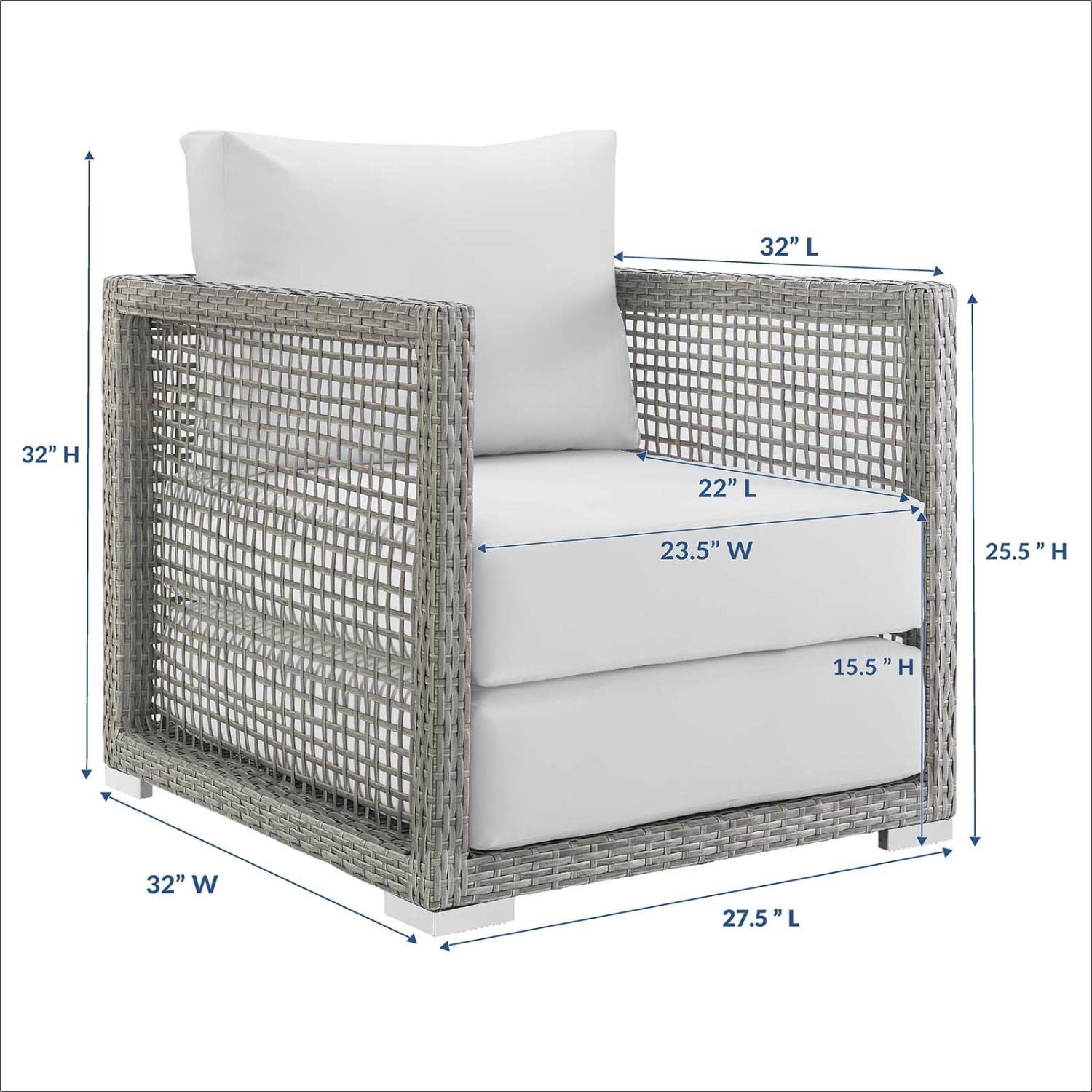 Modway Aura Wicker Rattan Outdoor Patio Arm Chair with Cushions - Gray White Water-Resistant Lounge Chair for Garden, Poolside & Backyard Relaxation