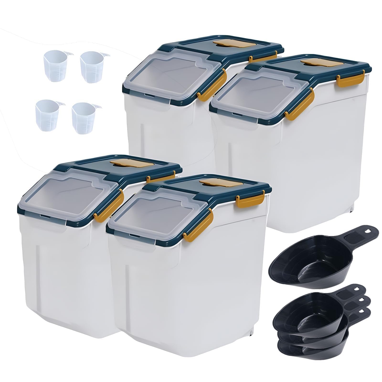 25lb Large Airtight Flour Storage Container with Wheels - 4 Pack BPA-Free Food Storage Bins with Locking Lid, Measuring Cup & Scoop for Flour, Rice, Grains & Dry Food - Dark Blue - Perfect for Kitchen Pantry Organization & Bulk Food Storage