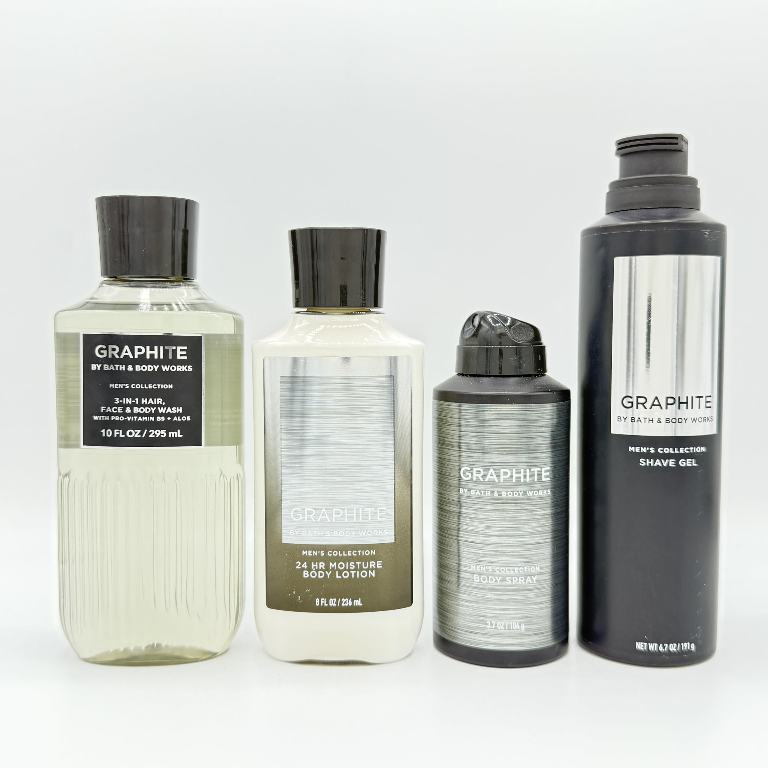 Premium Graphite Scented Men's 4-Piece Bath & Body Gift Set - Body Wash, Lotion, Cologne Spray & Shaving Gel | Perfect for Daily Grooming, Travel & Gift Giving