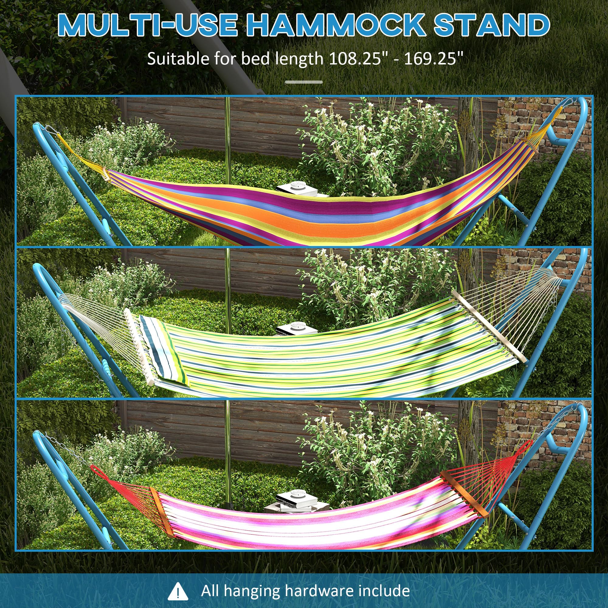 Outsunny 2-Person Portable Hammock Stand - Adjustable Steel Frame with Weather-Resistant Finish for 9-14ft Hammocks (550 lbs Capacity, Blue) - Perfect for Backyard, Patio, Camping & Beach Relaxation