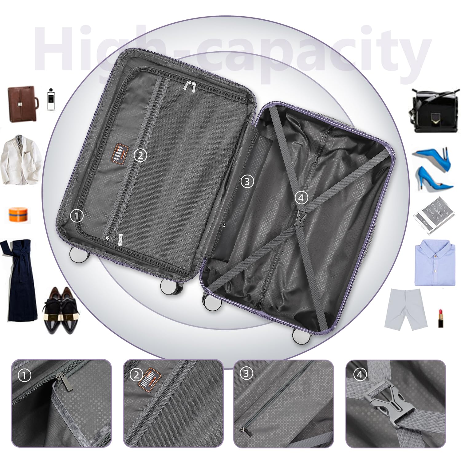 3-Piece Lavender Hardside Luggage Set - 20 Inch Airline Approved Carry-On Suitcase with Spinner Wheels & TSA Lock | Lightweight Rolling Luggage for Men & Women | Perfect for Business Travel, Family Vacations & Weekend Getaways