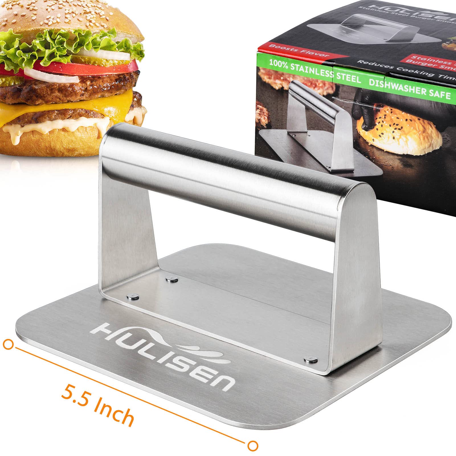HULISEN Stainless Steel Burger Press & Patty Smasher - Heavy Duty Griddle Press for Perfect Flat Hamburgers, Smash Burgers & Flat Top Grill Cooking - Dishwasher Safe - Ideal for BBQ, Backyard Grilling & Restaurant Use