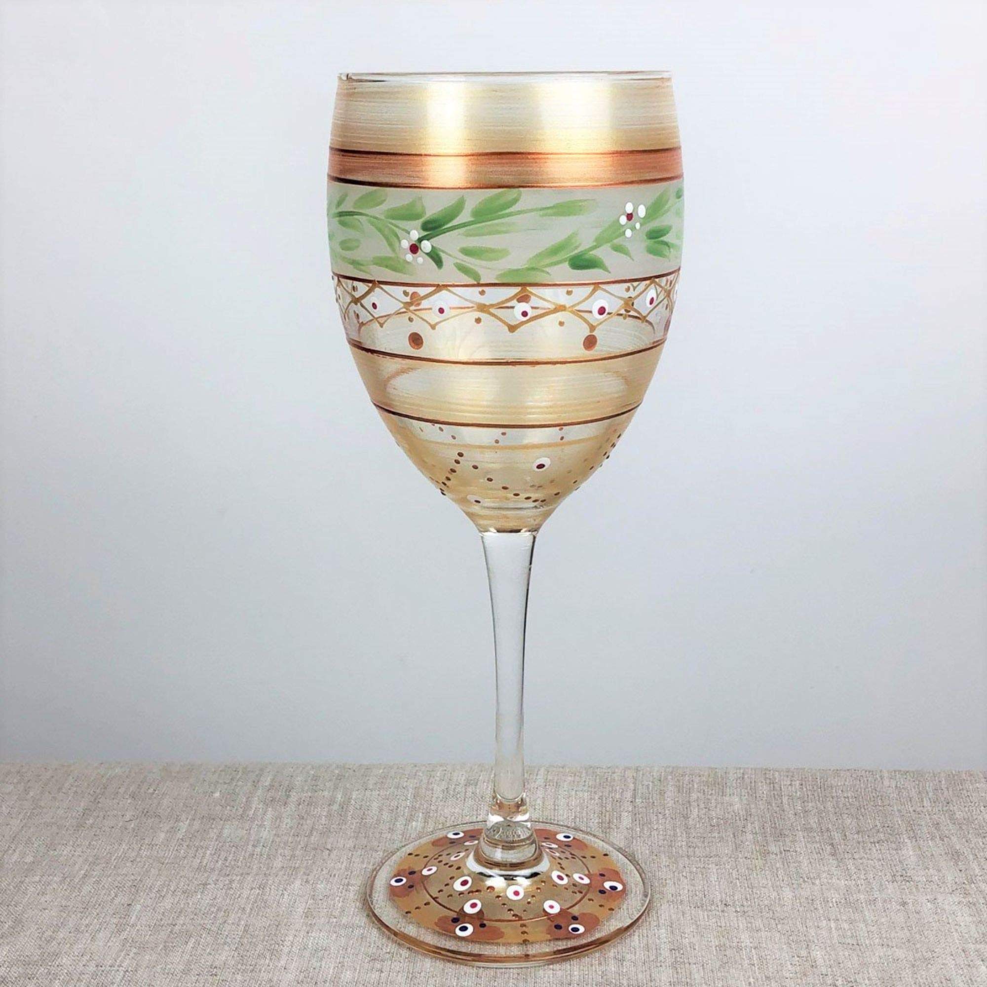 Hand Painted Mosaic Gold Garland Wine Glasses Set of 2 - 10.5 oz Stemware for Parties, Weddings & Home Decor - Elegant Drinking Glasses for Wine Tasting & Gifts