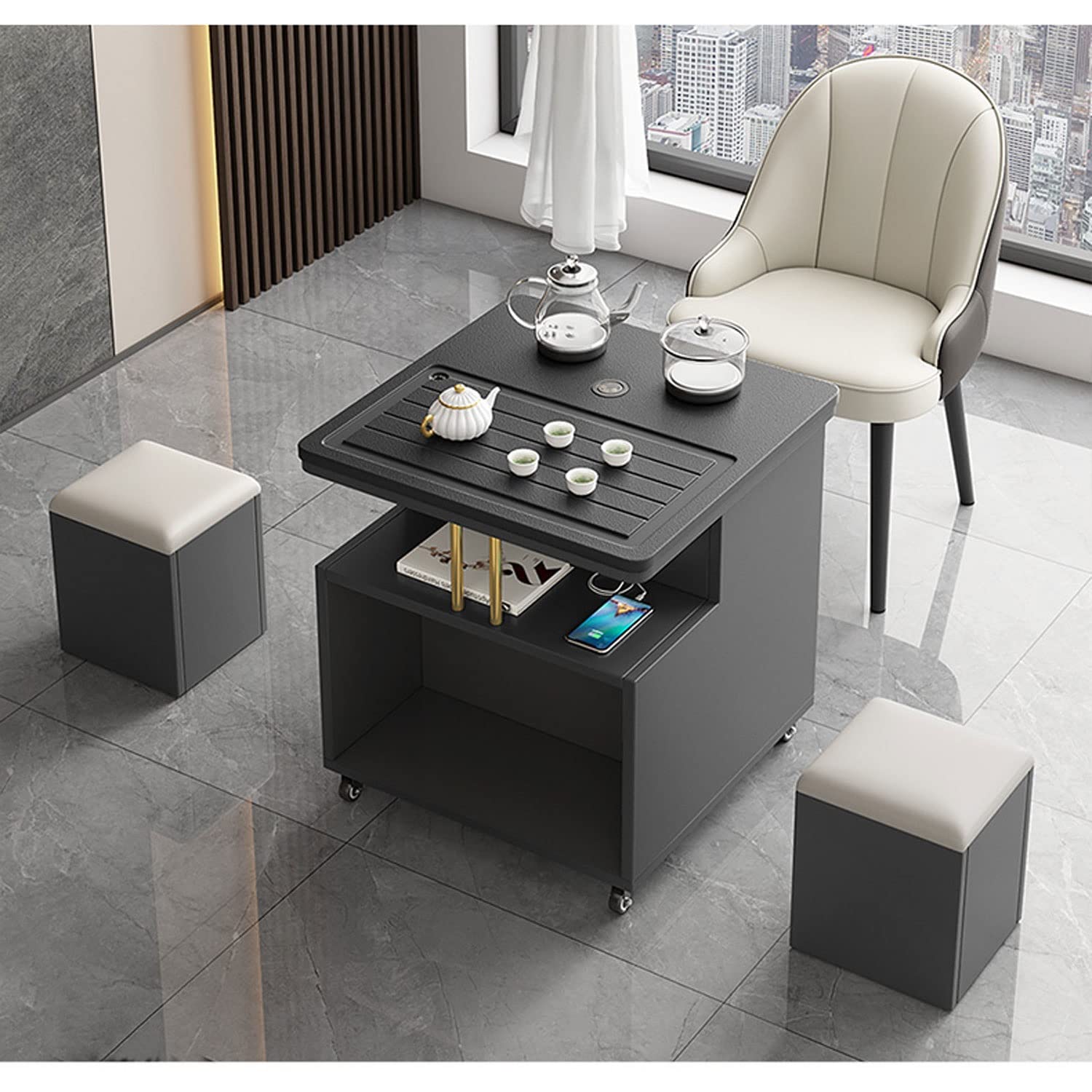Smart Coffee Table with Touch Screen Boiling System - Luxury Mobile Tea Cart with 3 USB Ports & 2 Storable Footrests - Perfect for Living Room, Office & Home Entertainment