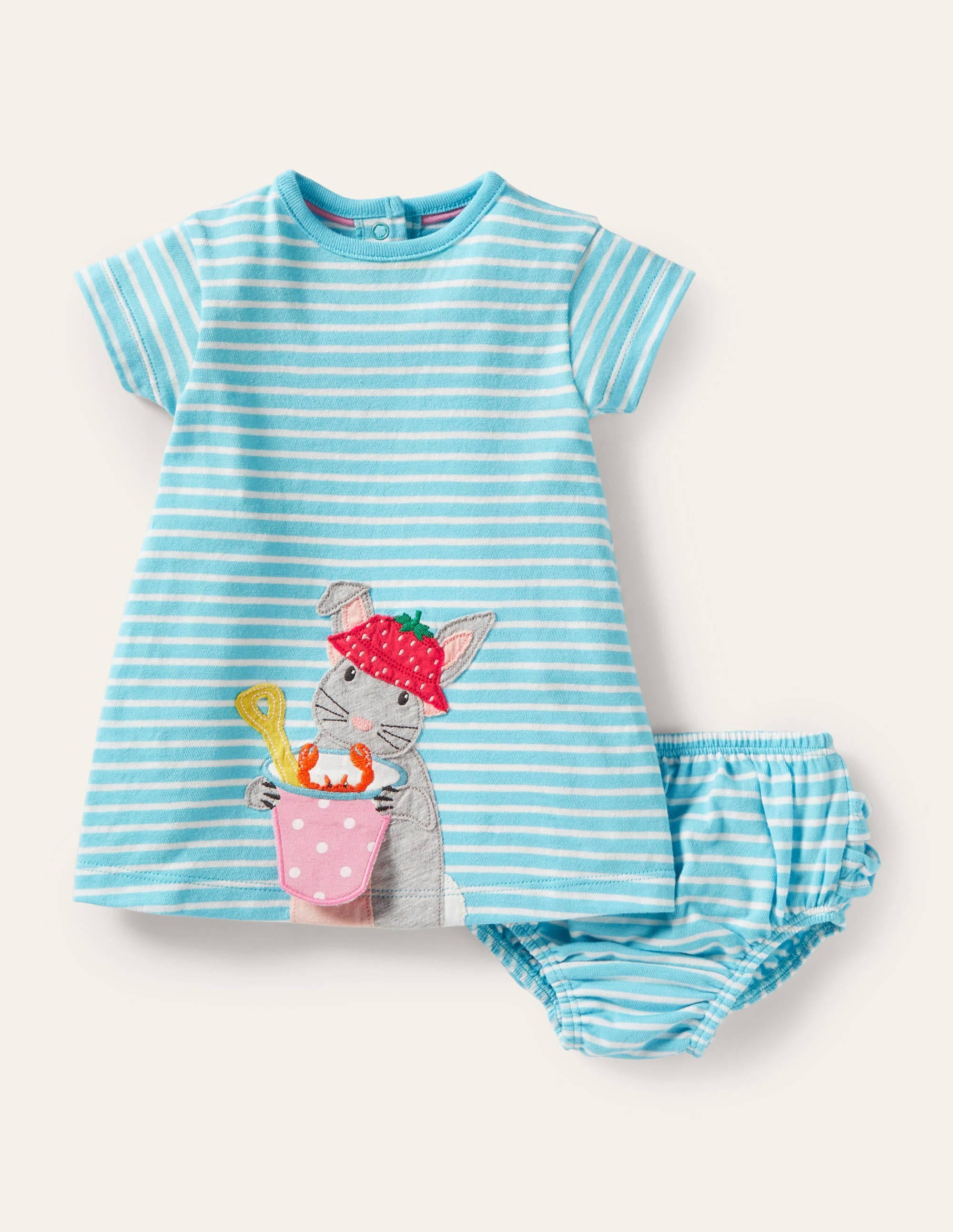 Appliqué Jersey Dress in Aqua/Ivory with Bunny Design - Perfect for Spring Outfits, Easter Celebrations & Casual Wear