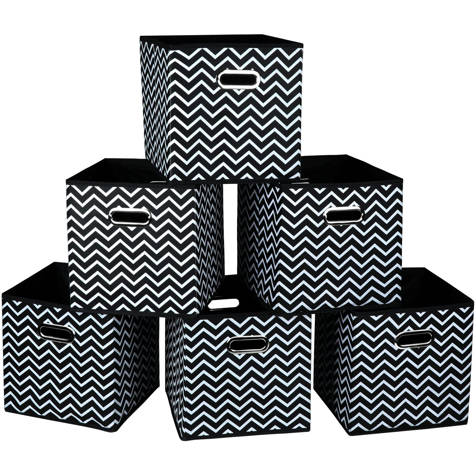 SEVENDOME 6-Pack Foldable Fabric Storage Bins with Handles - Black Wave Pattern Cloth Cube Organizer for Bedroom, Closet, Nursery & Home Organization | Space-Saving Storage Solution