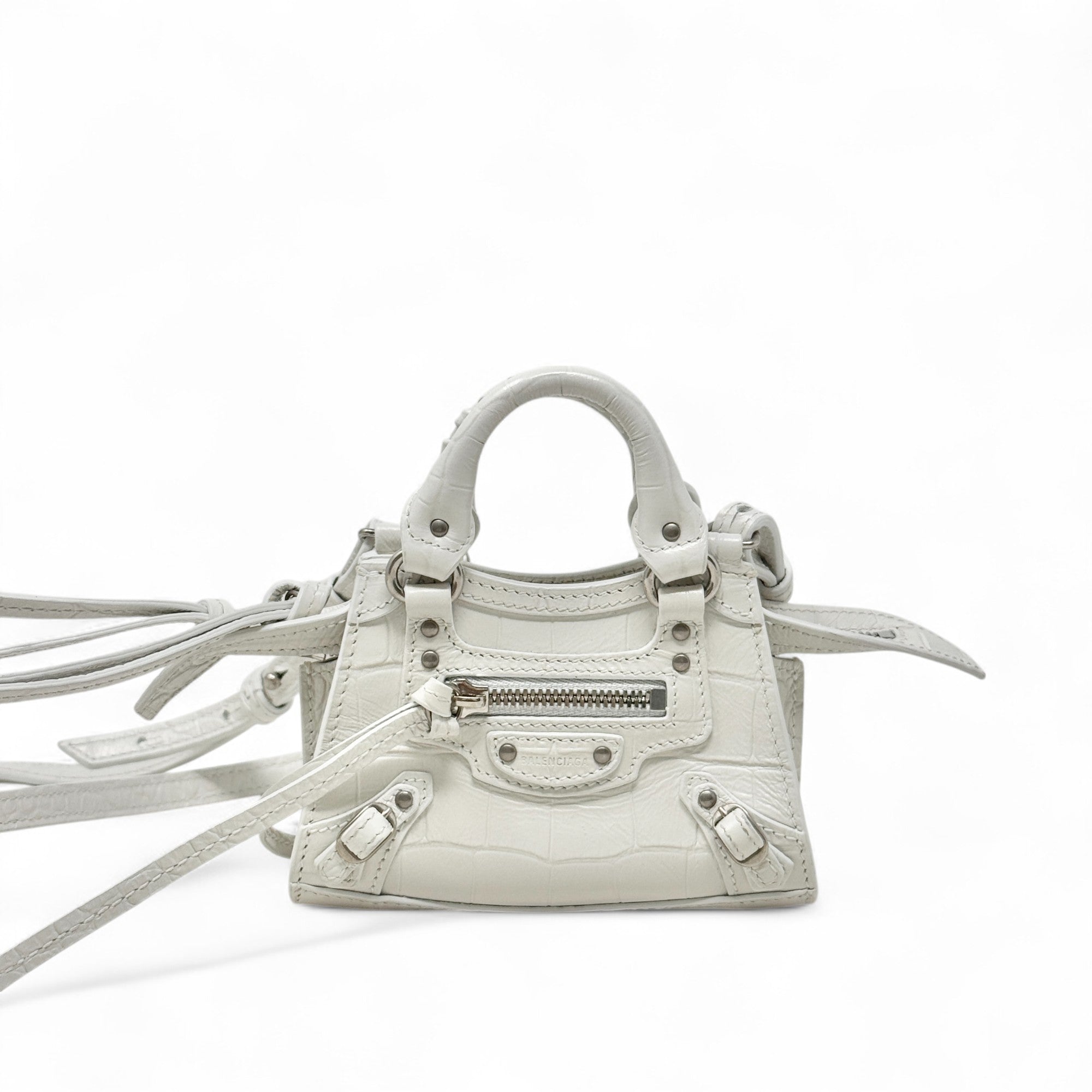 Balenciaga White Crocodile Embossed Nano City Bag - Stylish Mini Crossbody Purse for Women, Perfect for Parties, Dating & Daily Use