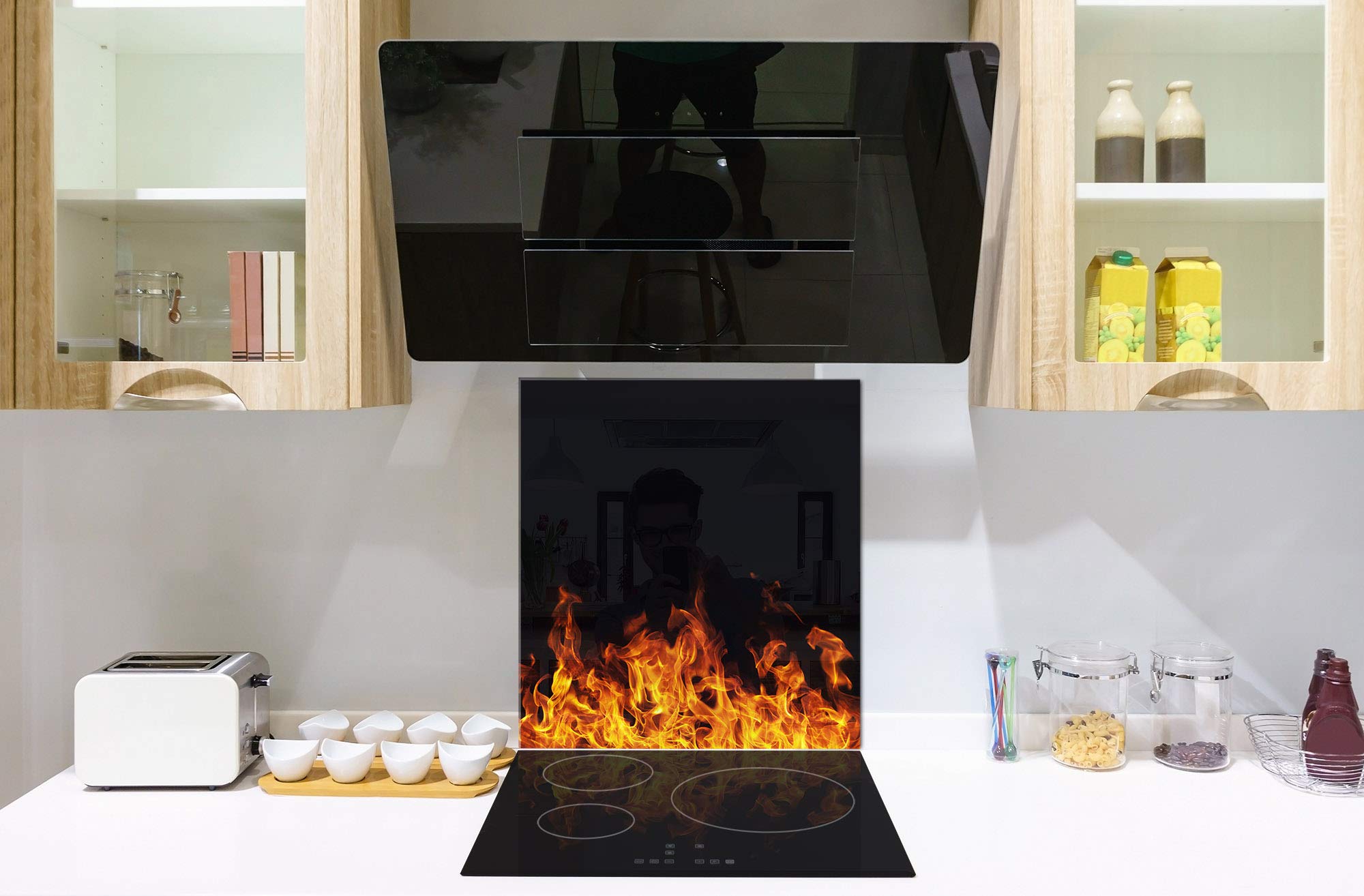Printed Tempered Glass Backsplash - Fire Black Background 4 (BS14 Fire Series) - Durable & Stylish Kitchen Splashback for Stoves, Countertops & Backsplash Protection