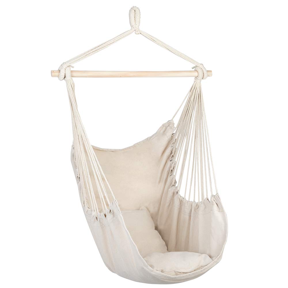 Cotton Canvas Hanging Chair with Pillows - Beige for Indoor/Outdoor Relaxation