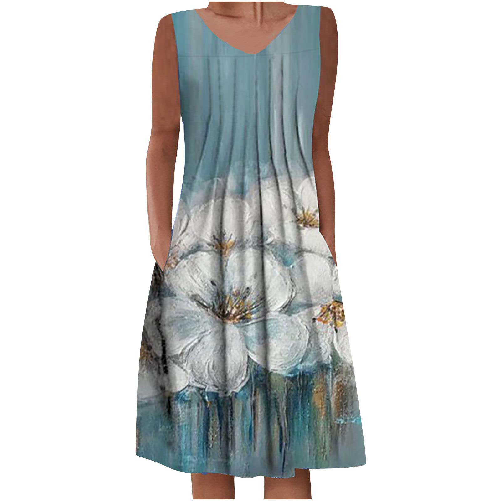 Women's Sleeveless Floral Print Pleated Mini Dress - Crewneck Casual Summer Dress with Pockets (White) | Perfect for Beach Outings, Brunch Dates & Summer Vacations