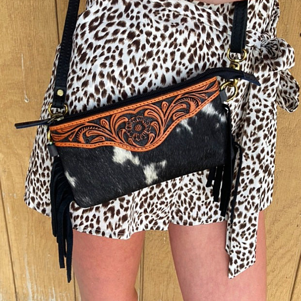 American Darling Fringe Tooled Leather Clutch - Handmade Cowhide Women's Evening Bag for Parties, Weddings & Date Nights