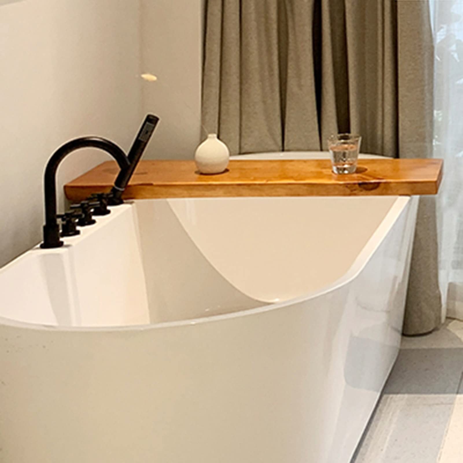 PENGFEI 5cm Thick Waterproof Solid Wood Bathtub Caddy Tray - Bath Tub Table Shelf & Holder for Books, Tablet, Candles - Easy to Clean (100x30cm) - Perfect for Relaxing Baths, Reading & Spa Nights