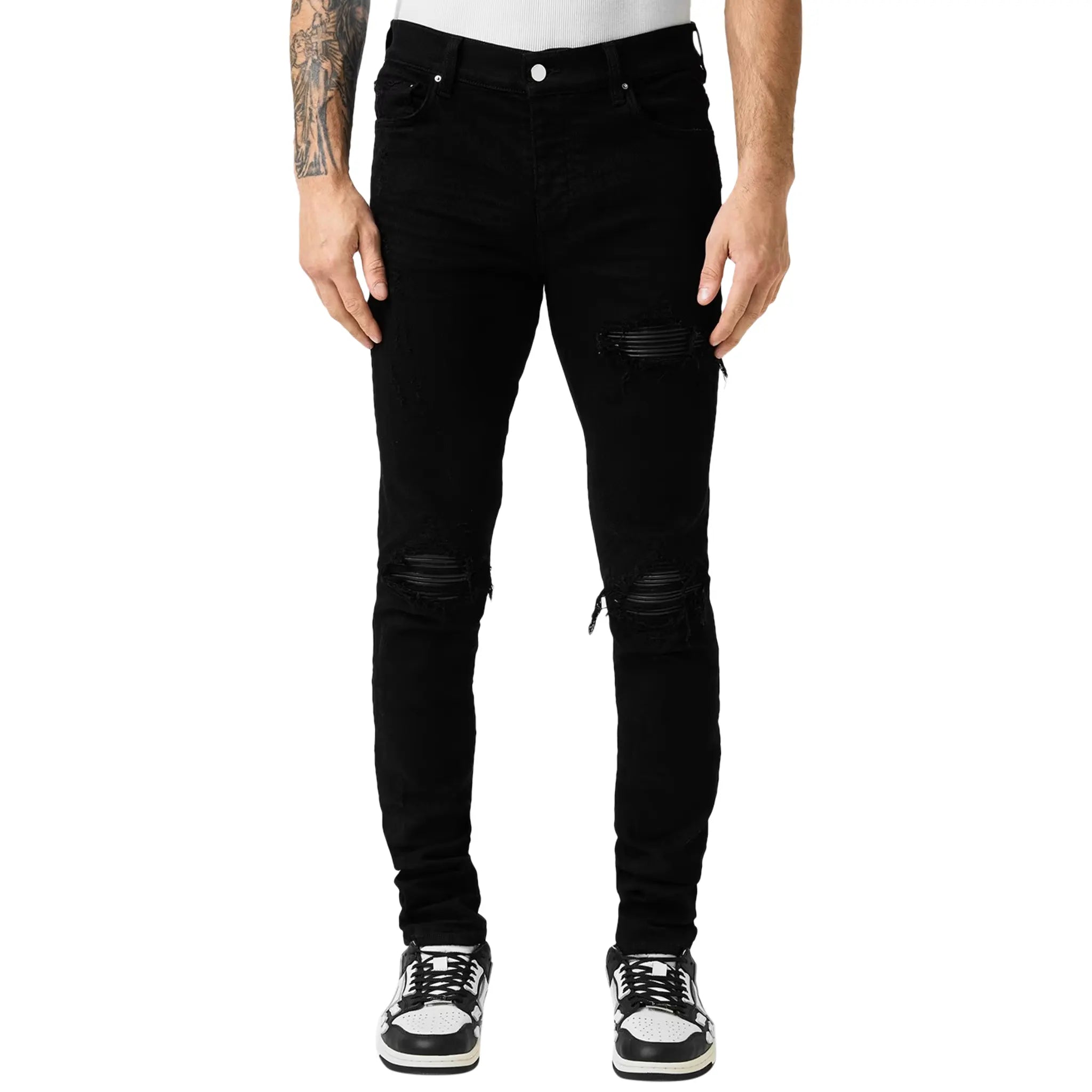 Amiri MX1 Black Leather Patch Jeans for Men - Premium Distressed Denim Pants with Stylish Leather Accents | Perfect for Casual Wear, Night Out & Street Fashion