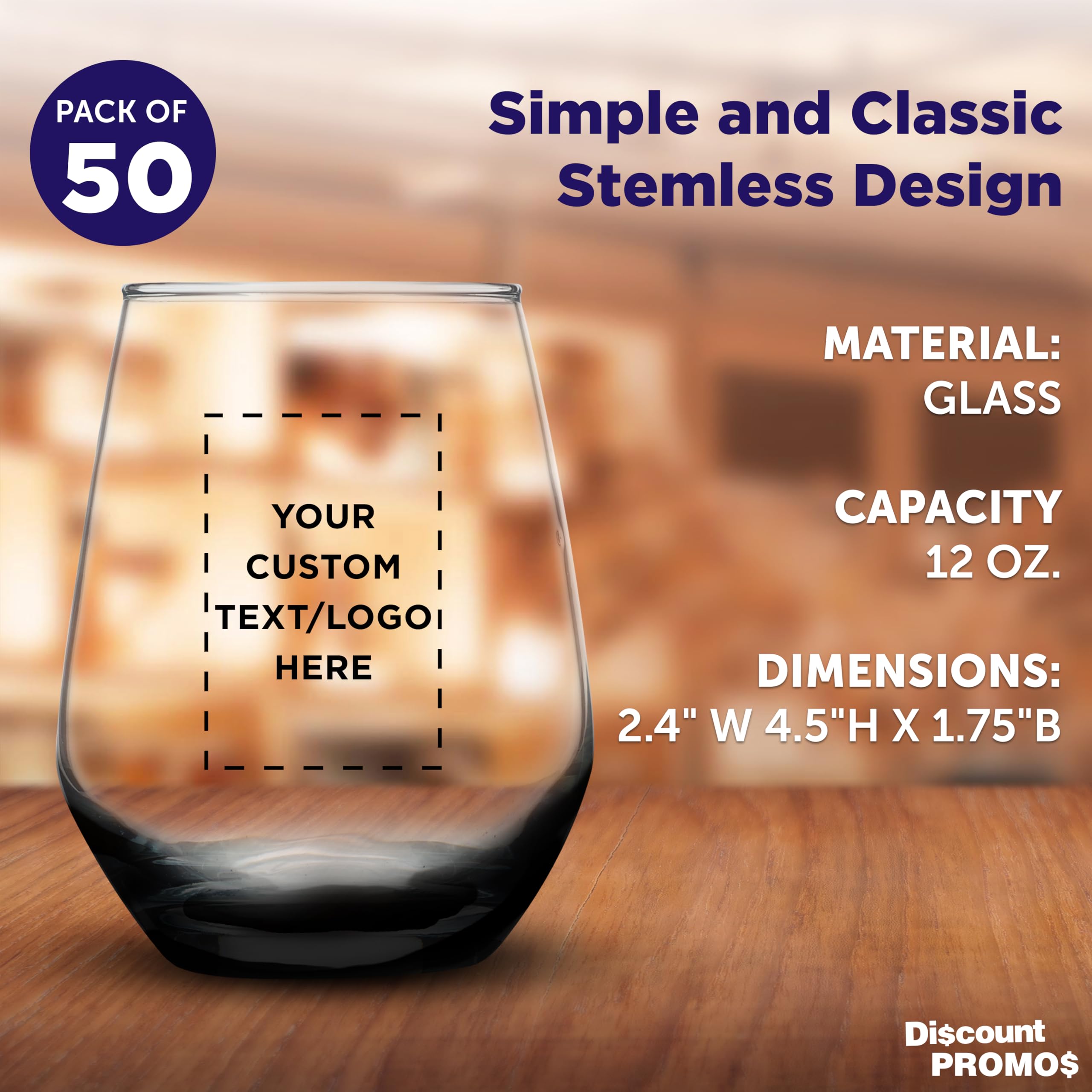 Custom Silica Stemless Wine Glasses 12 oz (Set of 50) - Personalized Bulk Pack for Restaurants & Bars - Durable Glassware for Red Wine, White Wine & Cocktails - Perfect for Weddings, Parties & Corporate Events - Black