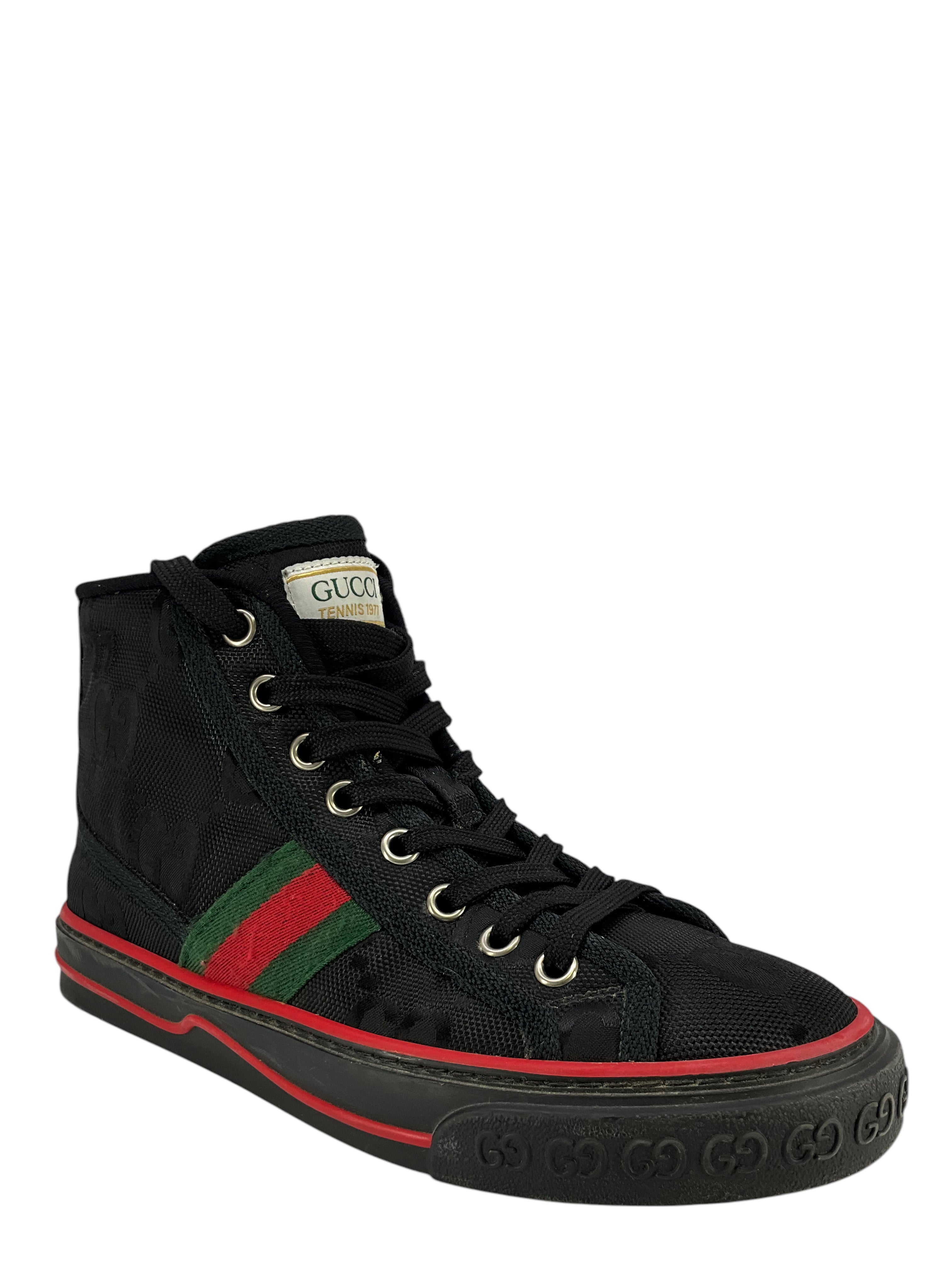 GUCCI Tennis 1977 Web Monogram Off The Grid High Top Sneakers for Women - Size 5.5 | Retro Fashion Sneakers for Casual Wear, Street Style & Everyday Comfort