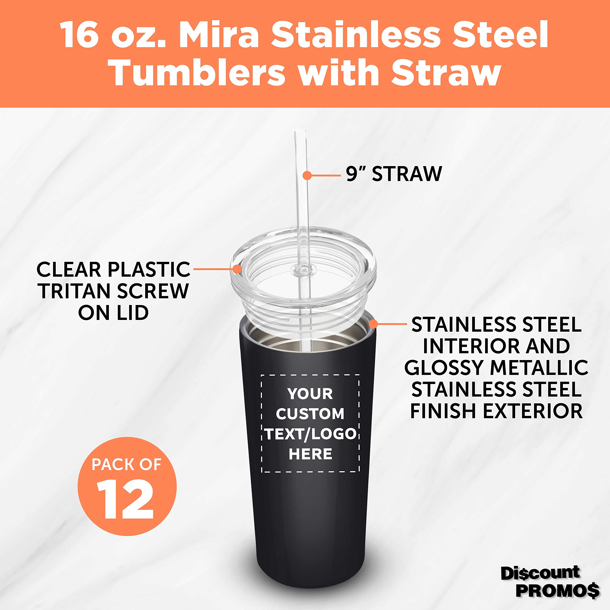 12 Pack Mira Stainless Steel Tumblers with Straws - 16oz Double Wall Insulated Cups - Custom Text/Logo Printing - BPA-Free Tritan Lid - Perfect for Office, Gym & Outdoor Activities - Black