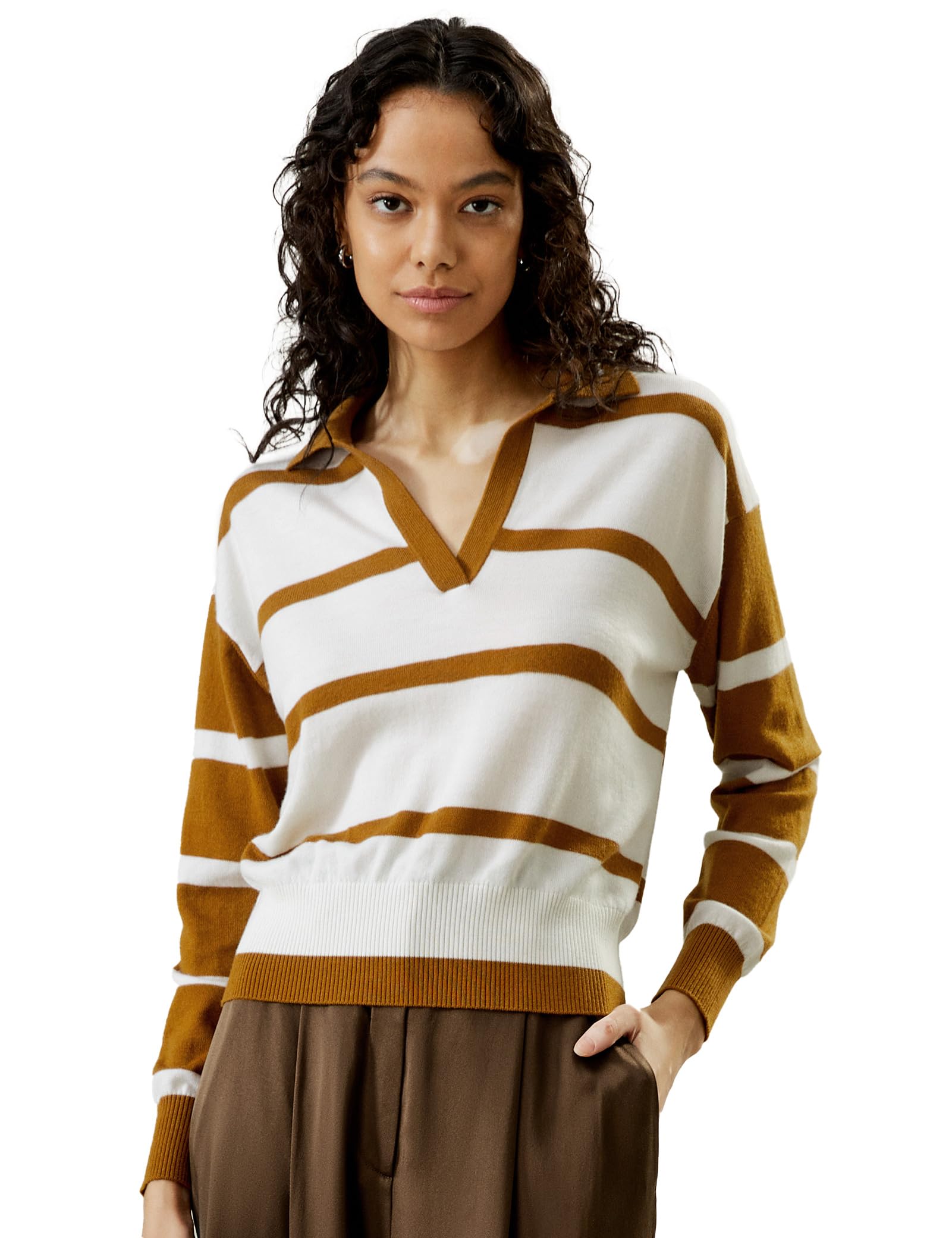 LilySilk 100% Merino Wool Women's Polo V-Neck Pullover Sweater - Soft Oversized Casual Knit Top with Coffee & White Stripes | Perfect for Fall Layering, Office Wear & Cozy Weekends