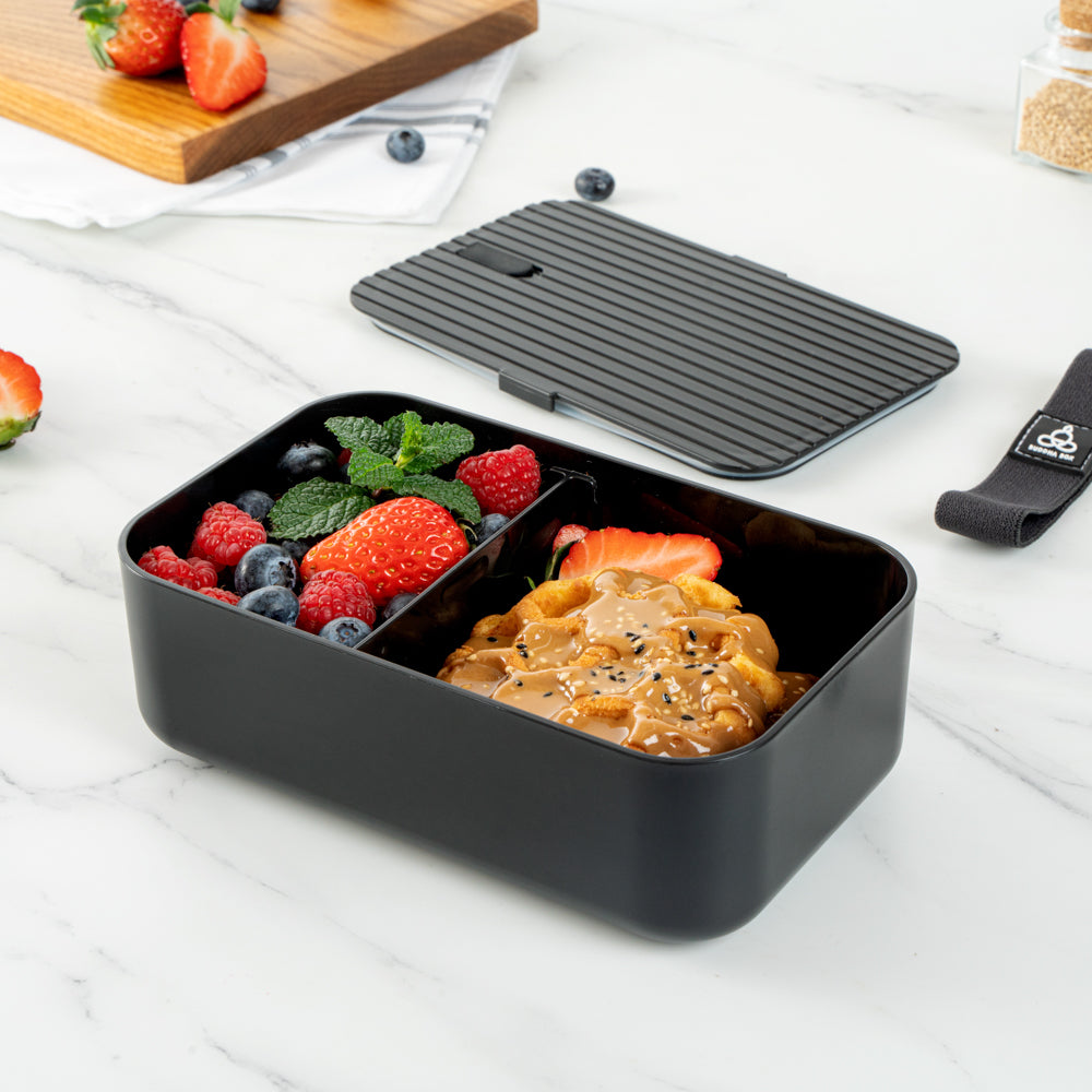 Bento Tek 34 oz Black Buddha Box Lunch Container with Black Lid - 7.5