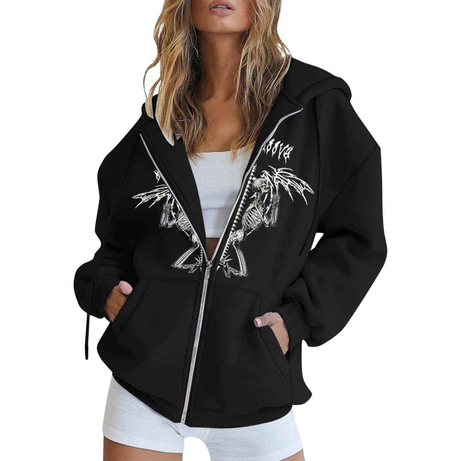 Gothic Women's Long Sleeve Wide Neck Zip Up Hoodie Sweatshirt with Lace & Glitter Details - Perfect for Casual Outfits, Halloween Costumes & Alternative Fashion