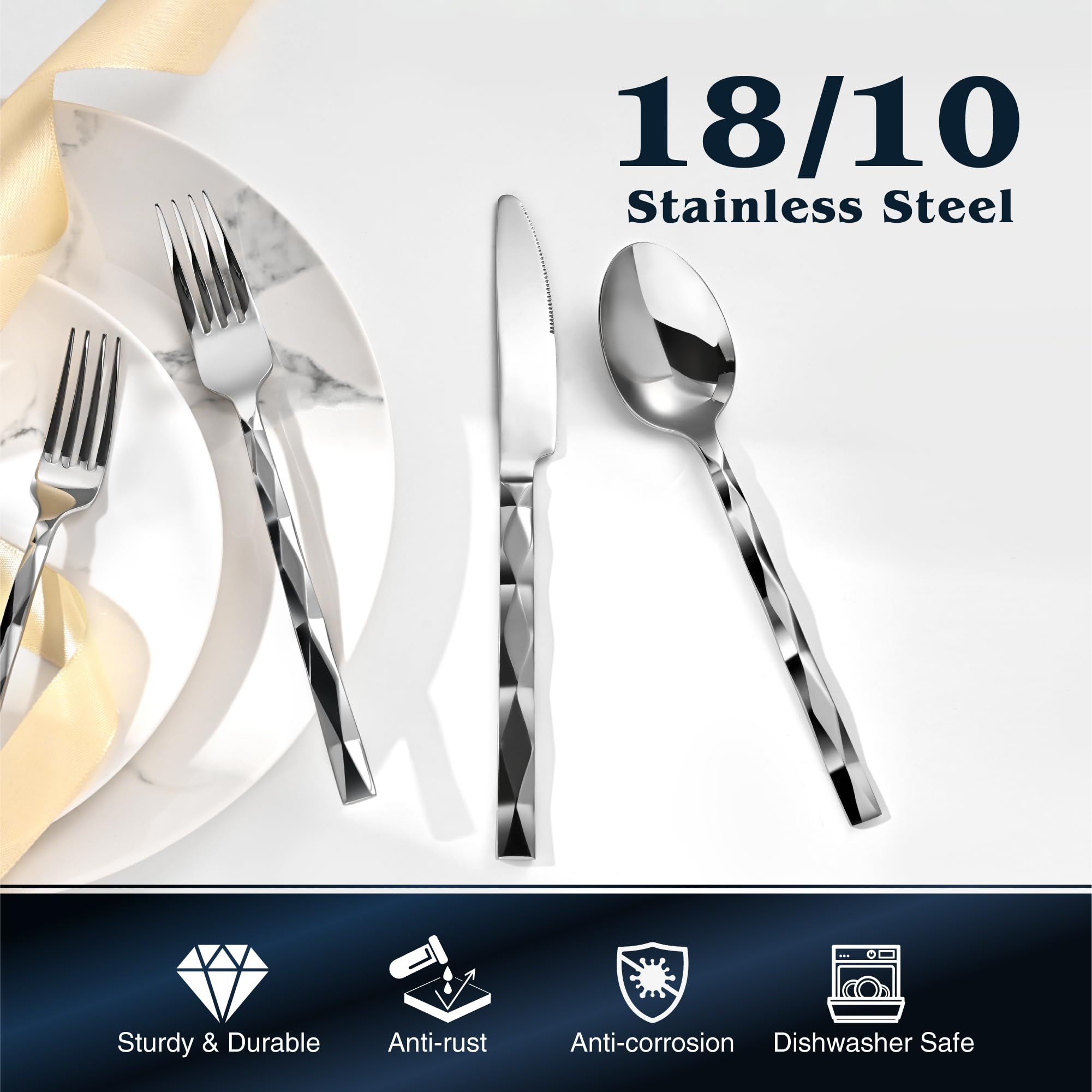 Premium 40-Piece Silverware Set for 8 - 18/10 Stainless Steel Flatware with Diamond Cut Pattern - Luxury Cutlery Set for Kitchen, Dining, Wedding & Party - Mirror Polished & Dishwasher Safe - Elegant Table Setting for Fine Dining & Entertaining