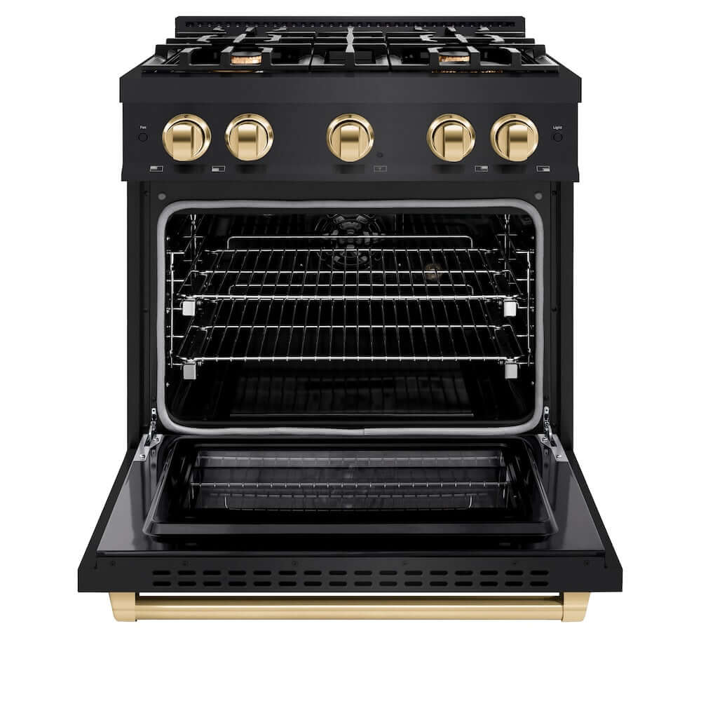 ZLINE Autograph Edition 30-inch 4.2 cu. ft. Dual Fuel Range - 4 Burner Gas Cooktop & Electric Convection Oven - Black Stainless Steel with Polished Gold Accents (HDRBZ 30 G) | Professional Kitchen Appliance for Home Chefs & Cooking Enthusiasts