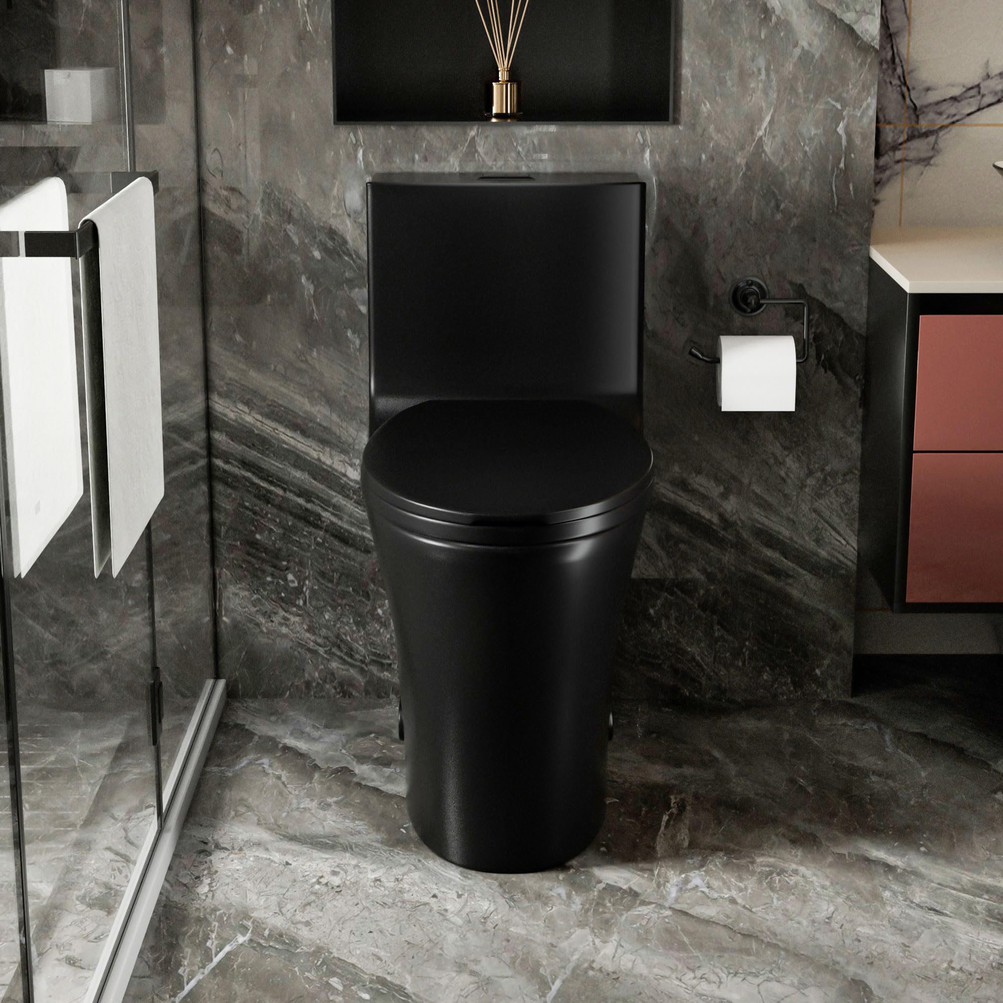 Dual Flush Elongated Toilet 1.1/1.6 GPF - Water Saving Modern One Piece Toilet with Soft Close Seat - Powerful & Quiet Flush - Black (27.5