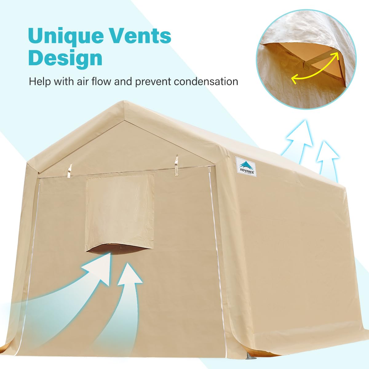 ADVANCE OUTDOOR 8x14 ft Steel Metal Peak Roof Portable Garage Shelter - Heavy Duty Storage Shed & Carport for Motorcycle, Bike, Garden Tools - Includes 2 Roll-up Doors & Ventilation - Perfect for Backyard, Driveway & RV Parking - Beige