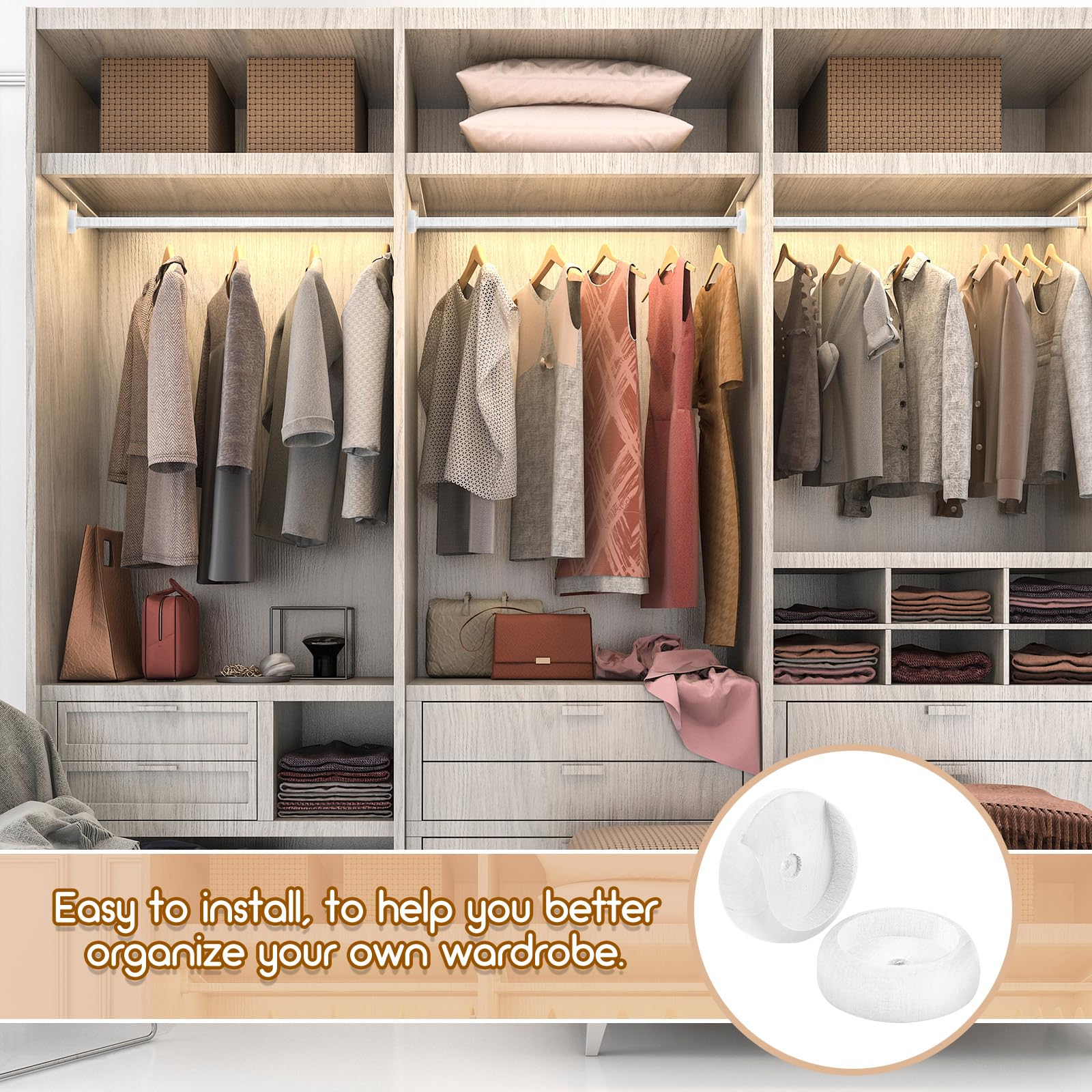 Yookeer 4 Pack White Wooden Closet Rod Holders - 1-3/8