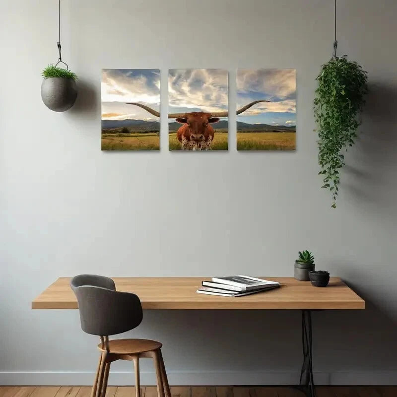 3-Piece Longhorn Metal Wall Art Prints - Ready to Hang Western Decor for Living Room, Office & Ranch Style Homes