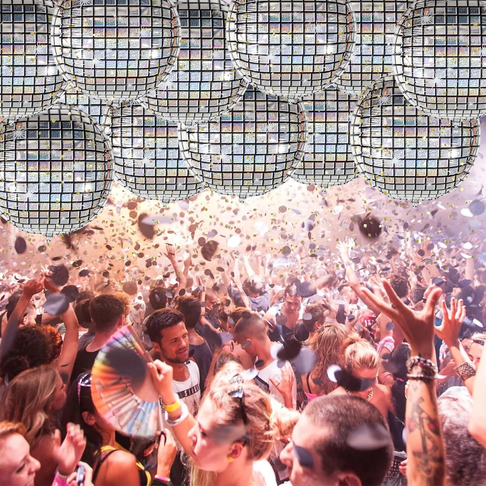 6PCS Rainbow Silver Disco Ball Balloons - 22 Inch 4D Disco Party Decorations for Birthday, Wedding, New Year & Themed Events - Shimmering Metallic Party Supplies for Dance Floor & Ceiling Decor