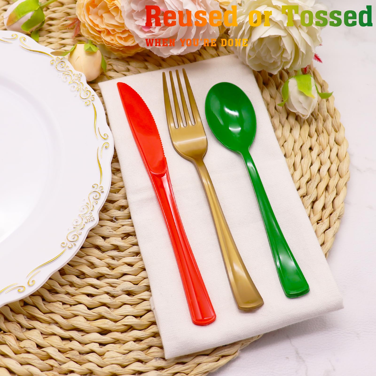 150-Piece Christmas Silverware Set - 50 Red Plastic Knives, 50 Green Spoons, 50 Gold Forks for Holiday Parties, Dinnerware & Table Decorations - Perfect for Christmas Celebrations, Family Gatherings & Festive Events