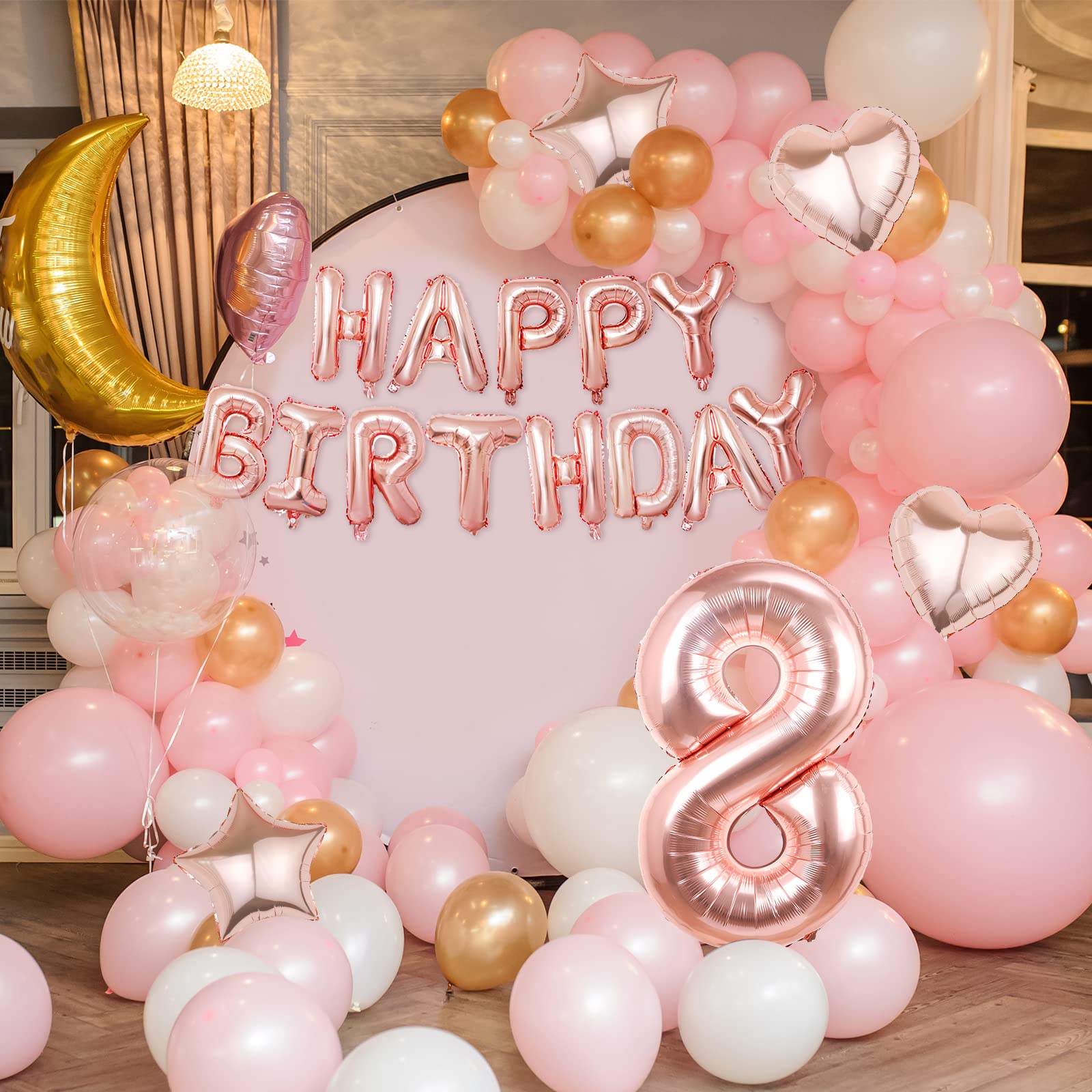 Rose Gold Happy Birthday Balloons Banner - 16 Inch Mylar Foil Number 8 Balloons for 8th Birthday Party Decorations | Perfect for Kids Birthday Parties, Baby Showers & Anniversary Celebrations