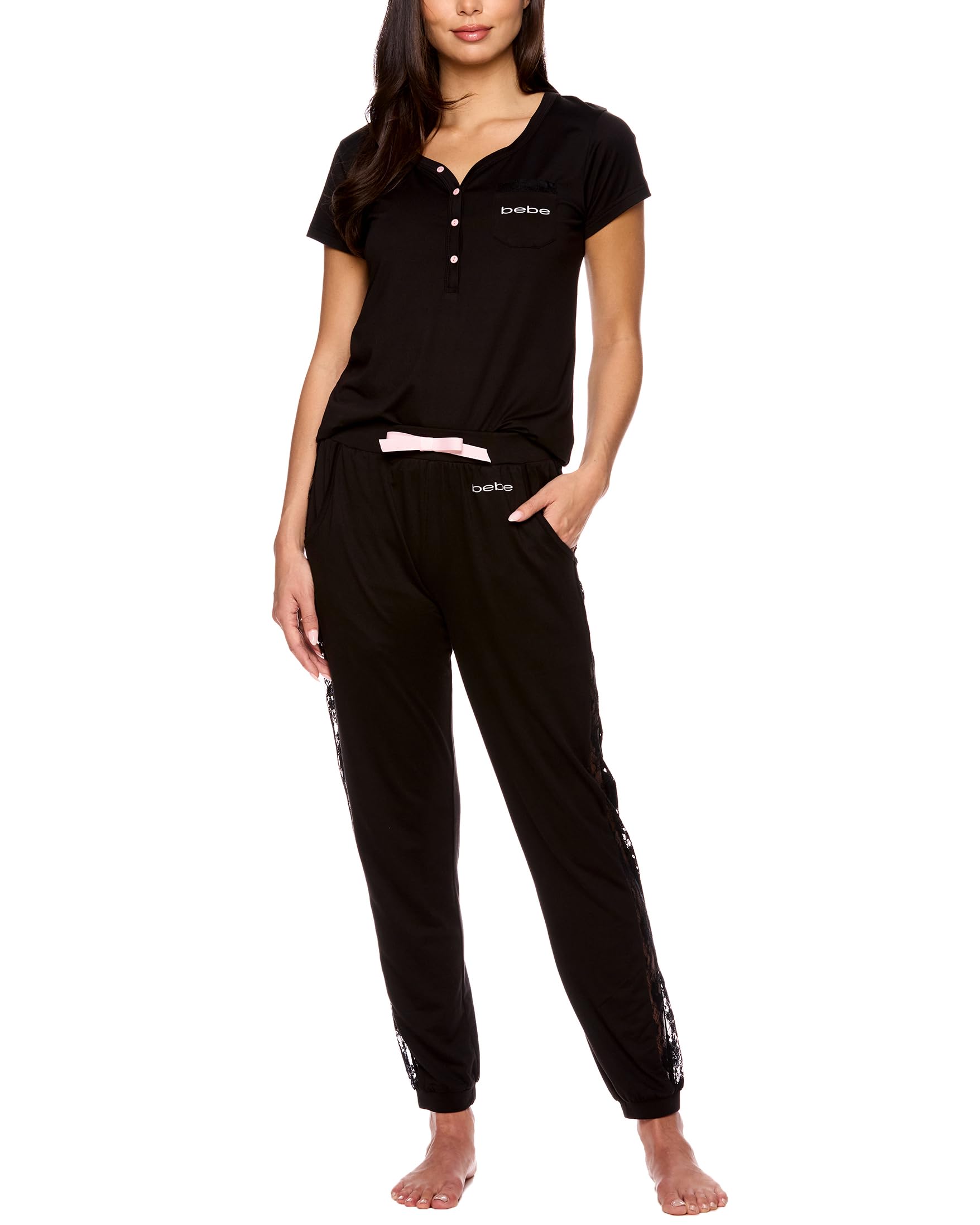 bebe Women's Pajama Set - Soft Short Sleeve Shirt & Lace Trim Jogger Pants | Cozy Lounge Wear for Sleep, Relaxation & Home Comfort