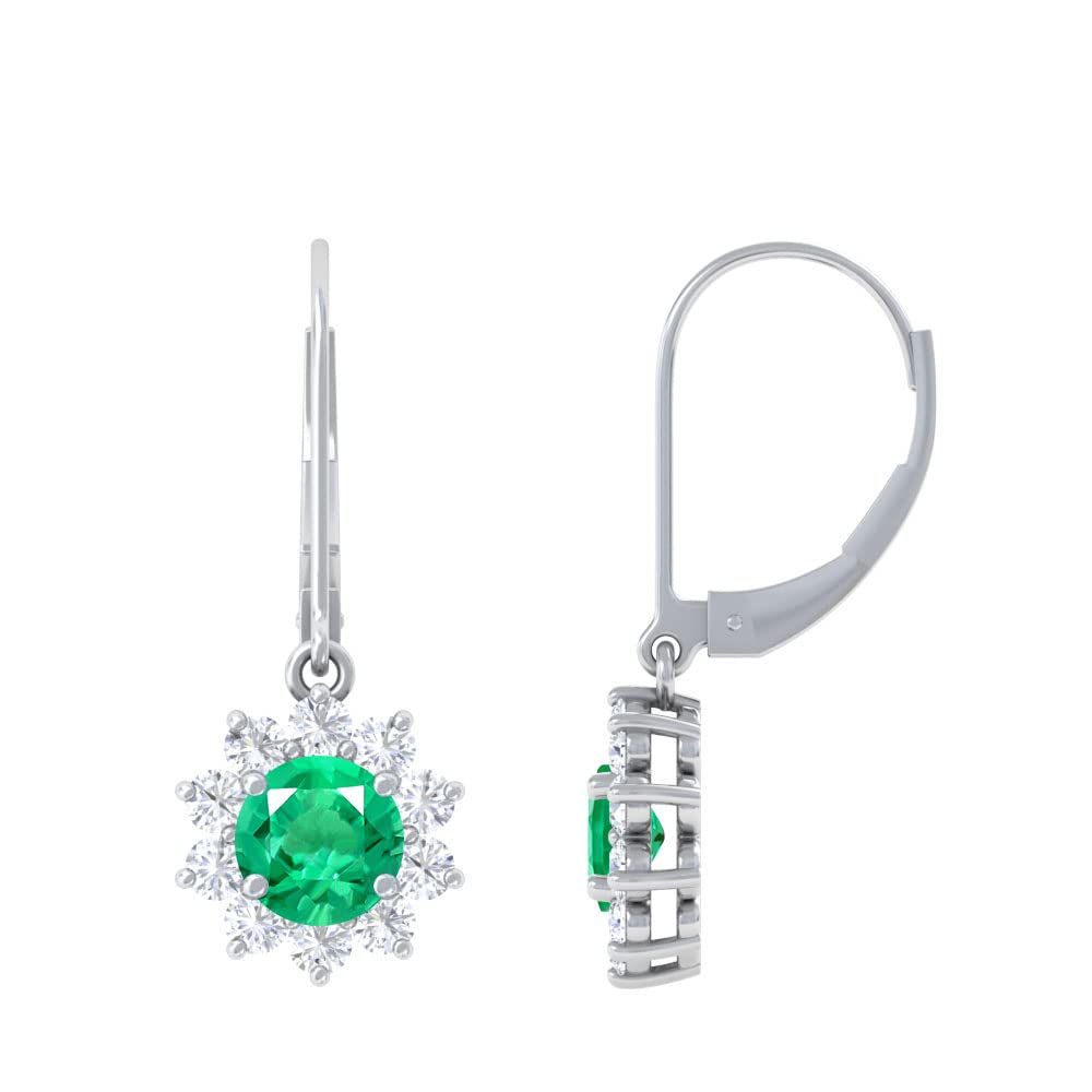 14K Gold & Platinum Round Emerald Dangling Earrings with Diamond Accents for Women - Perfect for Weddings, Parties & Special Occasions