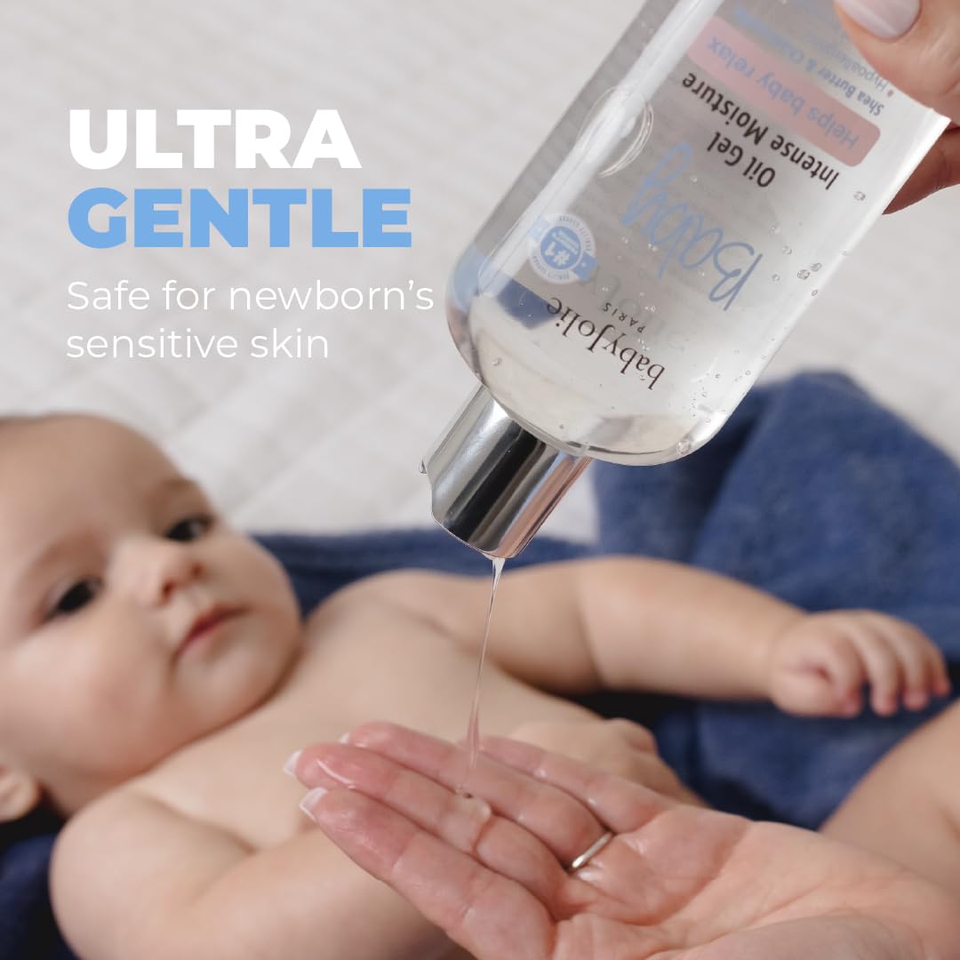 Baby Jolie Relaxing Baby Oil Gel with Shea Butter & Chamomile - Intensive Moisture for Sensitive Skin - 8oz - Perfect for Massage, Dry Skin Care & Bedtime Routine