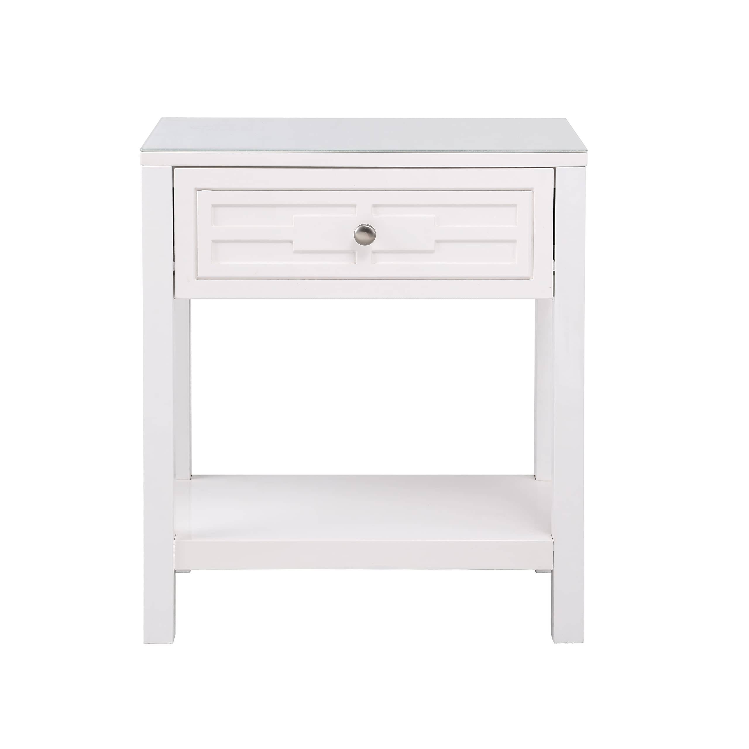 Dylan White Wooden End Table with Glass Top and Drawer - Modern Nightstand for Bedroom, Living Room & Office - Stylish Side Table with Storage