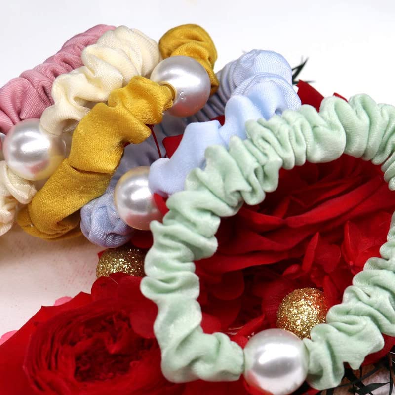 Shidara Pearl Hair Ties Set of 5 - Elegant Beaded Scrunchies, Ponytail Holders & Hair Accessories for Women & Girls | Korean Style Hair Bands & Elastic Bracelets | Perfect for Weddings, Parties & Daily Use
