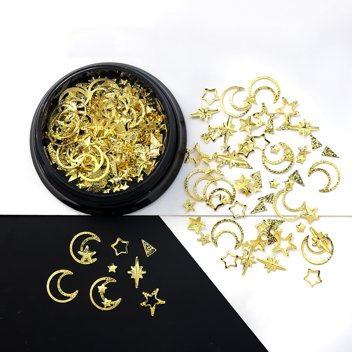 1 Box 3D Gold Nail Charms - Metallic Star & Moon Studs with Rhinestones - Nail Art Decorations for Manicure, Acrylic Nails - Perfect for Women & Girls DIY Nail Art (Great for Parties, Weddings & Special Occasions)